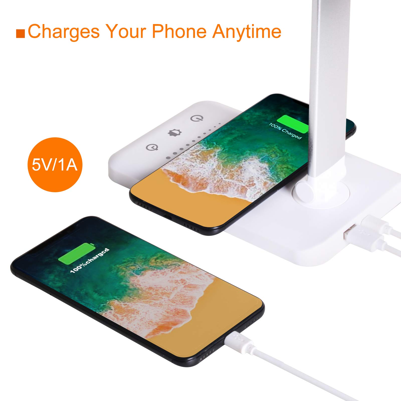 LED Desk Lamp with Wireless Charger & USB Port - Eye-Caring Stepless Dimmable Office Light - Touch Control, Memory & Timer Function - 25 Brightness Levels - Foldable Design for Home, Office & Study Use