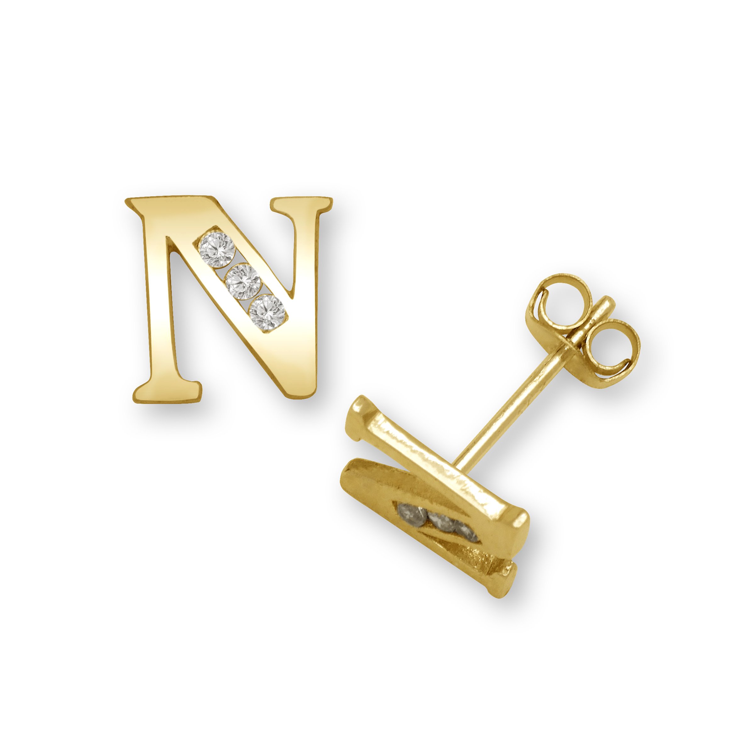 14K Yellow Gold Personalized Initial Stud Earrings - Cubic Zirconia Channel-Set Alphabet Earrings (A-Z) - Hypoallergenic Jewelry Gift for Women - Birthday, Anniversary, Graduation Present