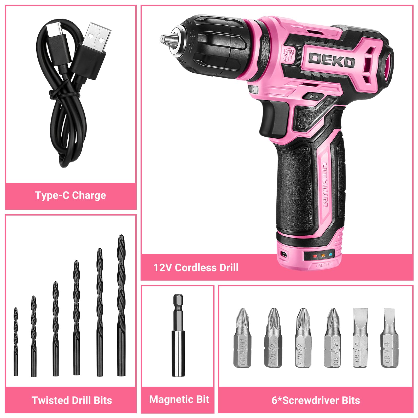 DEKOPRO 12V Cordless Power Drill Set - Pink Electric Drill with 30 Accessories & Gift Box | Lightweight DIY Tool Kit for Women | Perfect for Home Repairs, Crafting & Woodworking Projects