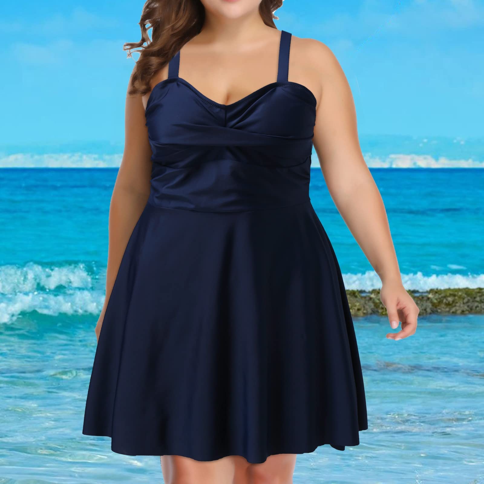 Plus Size Women's Two Piece Tankini Swimsuits with Flounce Swim Dress & Modest Shorts - Stylish Beachwear for Pool, Vacation & Summer Activities