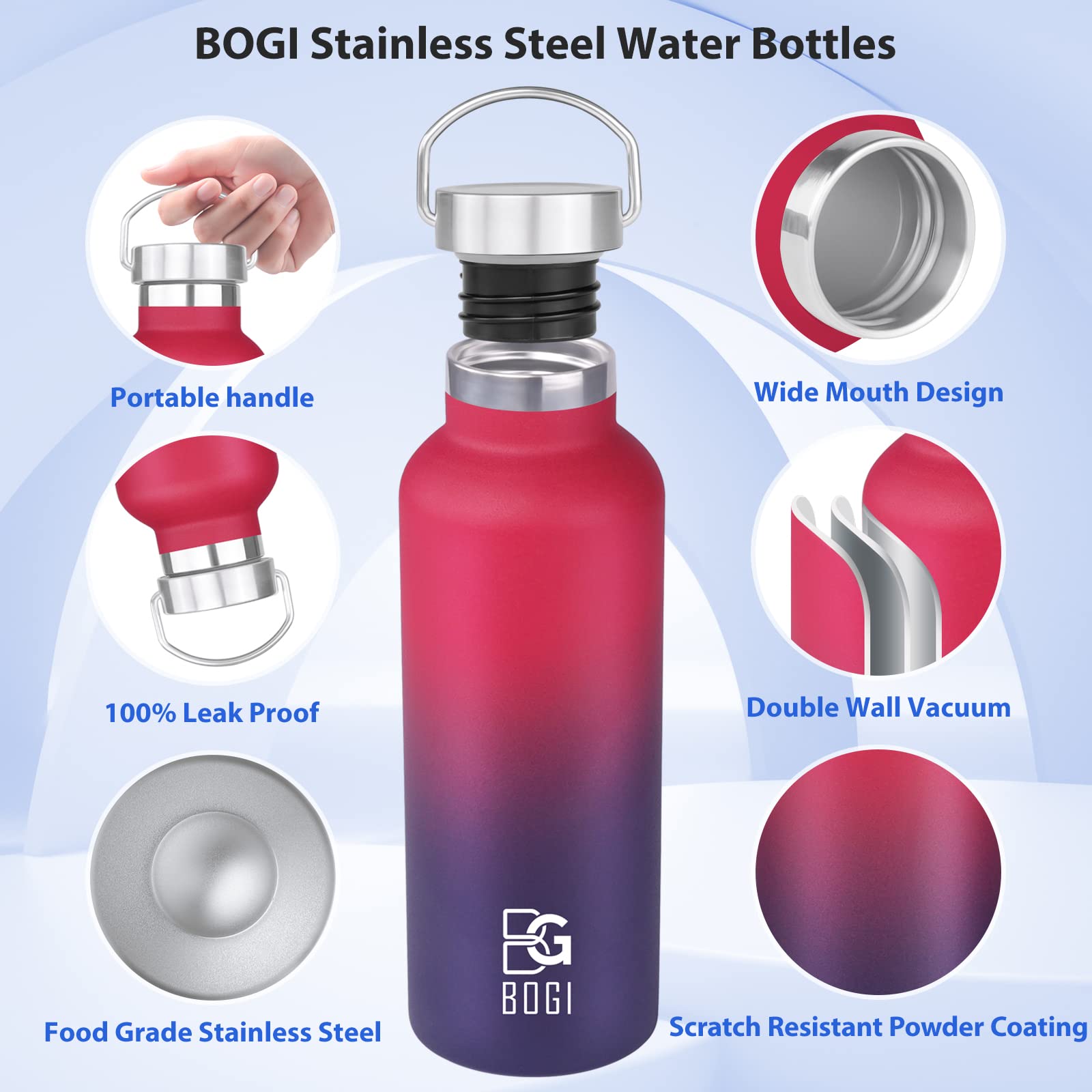 BOGI 20oz Insulated Stainless Steel Water Bottle 2-Pack - Leakproof Wide Mouth Metal Bottles with Straw & Handle, BPA Free - Perfect for School, Gym, Hiking & Outdoor Activities