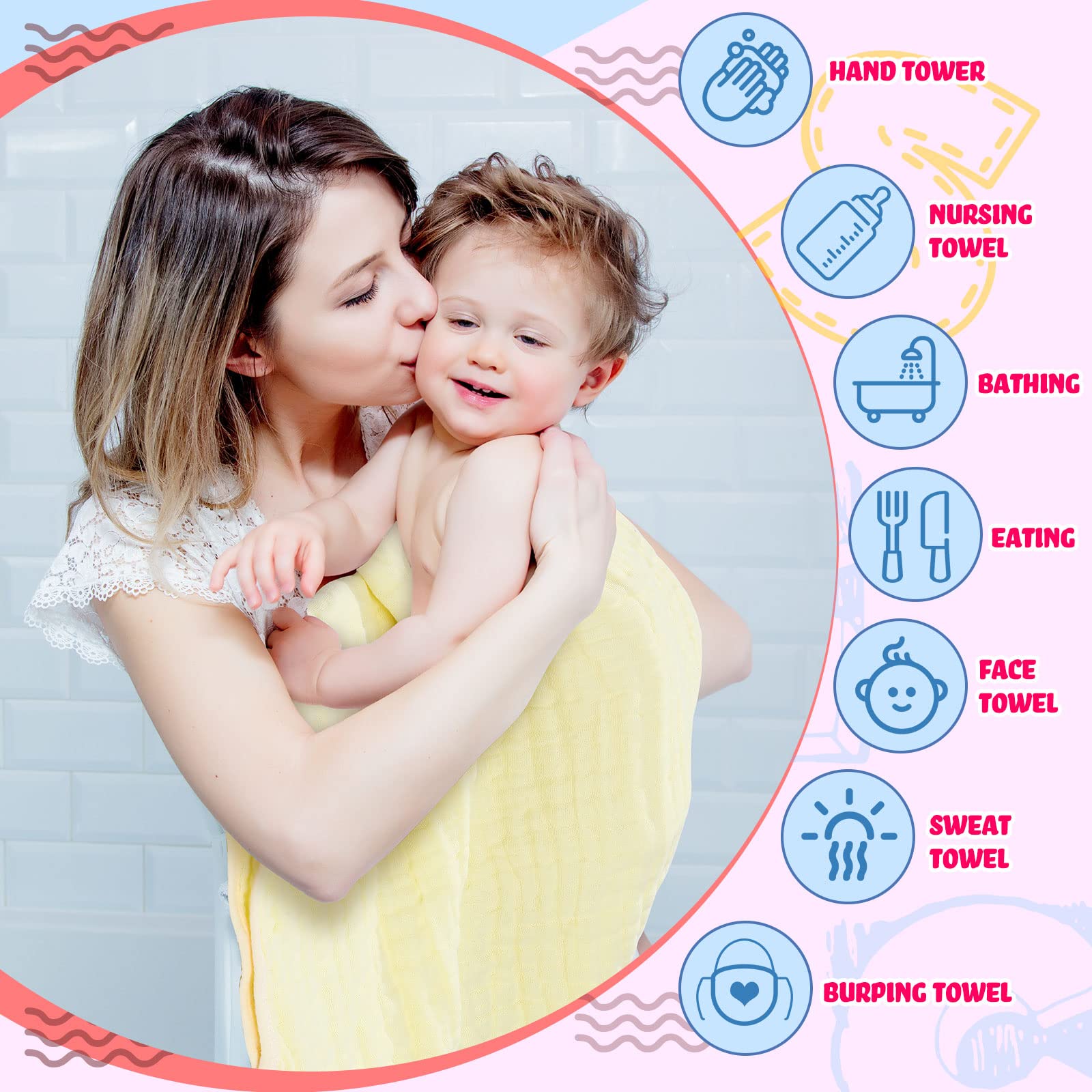 6 Sets Baby Hooded Bath Towels - Soft 100% Cotton Muslin Washcloths for Newborns & Toddlers (32