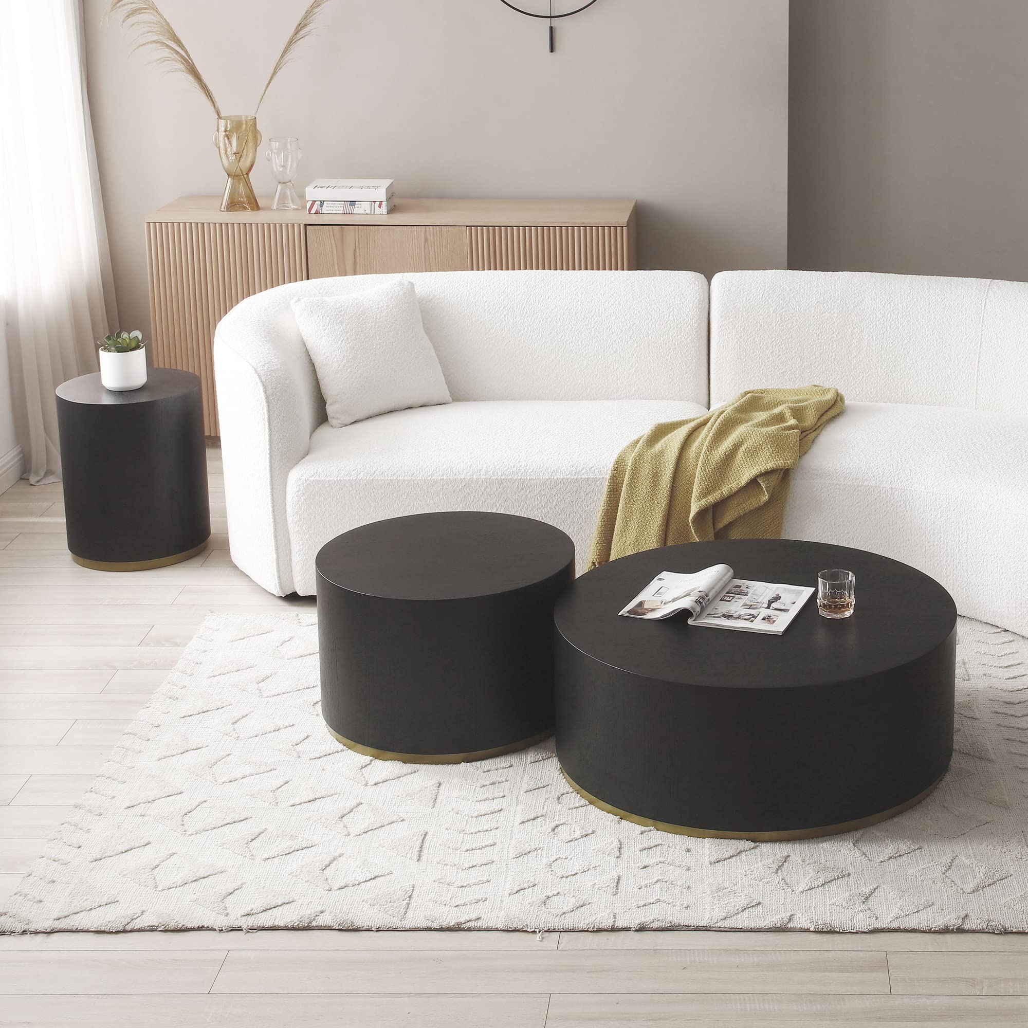 Kevinplus 3-Piece Black Drum Coffee Table Set - Round Wood Side & End Tables for Living Room, Apartment, Office - Modern Contemporary Furniture, No Assembly Required (Perfect for Small Spaces, Lounging & Entertaining)