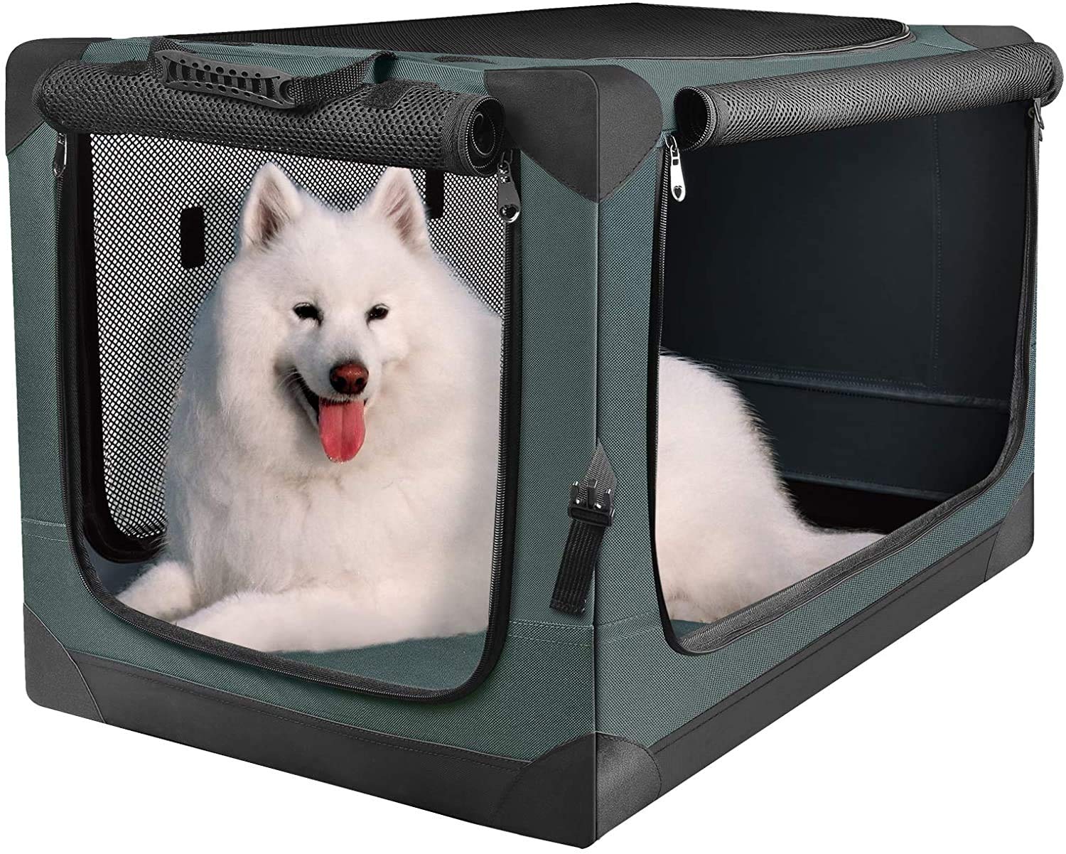 Totoro Ball 4-Door Portable Folding Dog Crate Kennel with Mesh Mat - Heavy Duty Steel Frame & Locking Zippers for Indoor/Outdoor Use - Perfect for Travel, Camping & Vet Visits (38.5-Inch, Dark Green)
