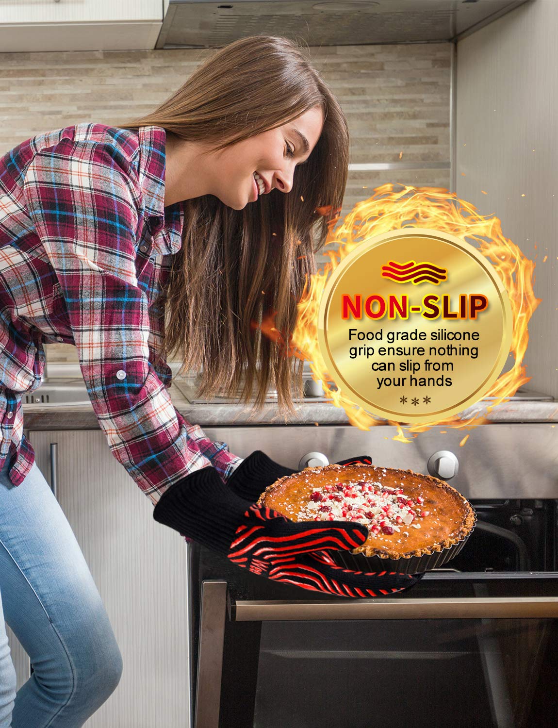Heat Resistant BBQ Gloves 13.5 Inch - Professional Oven Mitts for Grilling, Smoking, Baking & Cooking - Flame Retardant Kitchen Gloves for Grill, Smoker, Campfire & Barbecue (Red) - Perfect for Outdoor Cooking, Backyard Parties & Hot Food Handling