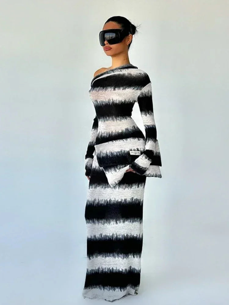 Black and White Striped Asymmetrical One Shoulder Long Sleeve Maxi Dress | Fall 2024 Fashion Women's Outfits | Elegant Evening Wear & Special Occasion Dress