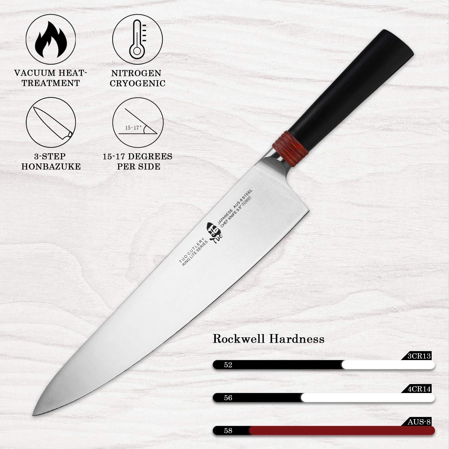 TUO Professional 9.5 Inch Japanese Gyuto Chef Knife - Razor Sharp AUS-8 Stainless Steel Kitchen Knife for Slicing, Dicing Vegetables, Fruits & Meat - Ergonomic Handle with Gift Box (Ring Lite Series) - Perfect for Home Chefs, Professional Kitchens & Cooking Enthusiasts
