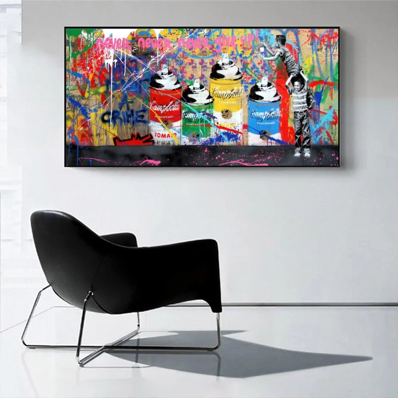 Banksy Never Give Up Canvas Graffiti Art Print - Urban Street Art Wall Decor for Living Room, Bedroom & Office - Modern Home Decor Gift for Art Lovers