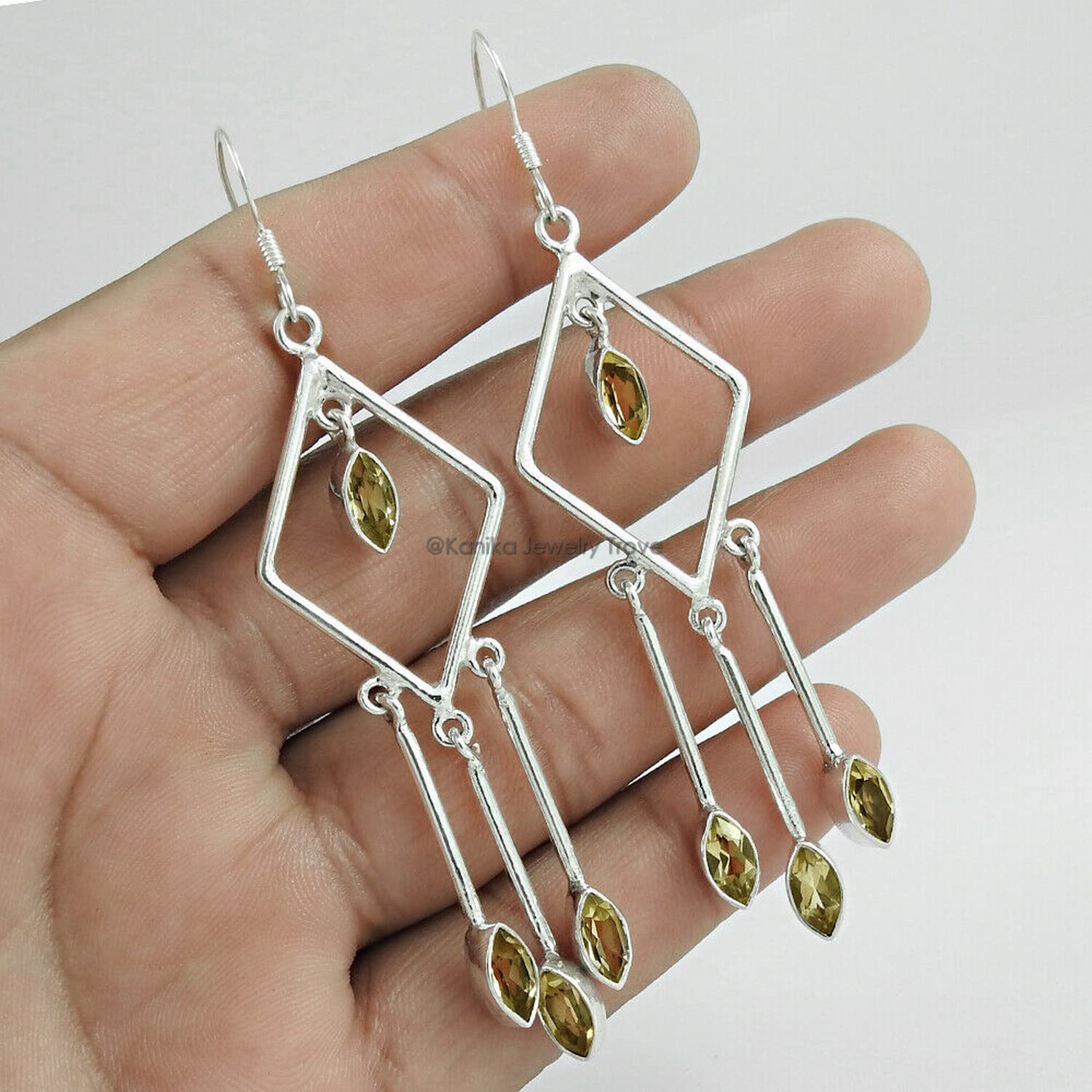 925 Sterling Silver Handmade Dangle Hook Earrings with Rhombus Natural Citrine Gemstone - Elegant Women's Jewelry for Party, Wedding & Everyday Wear