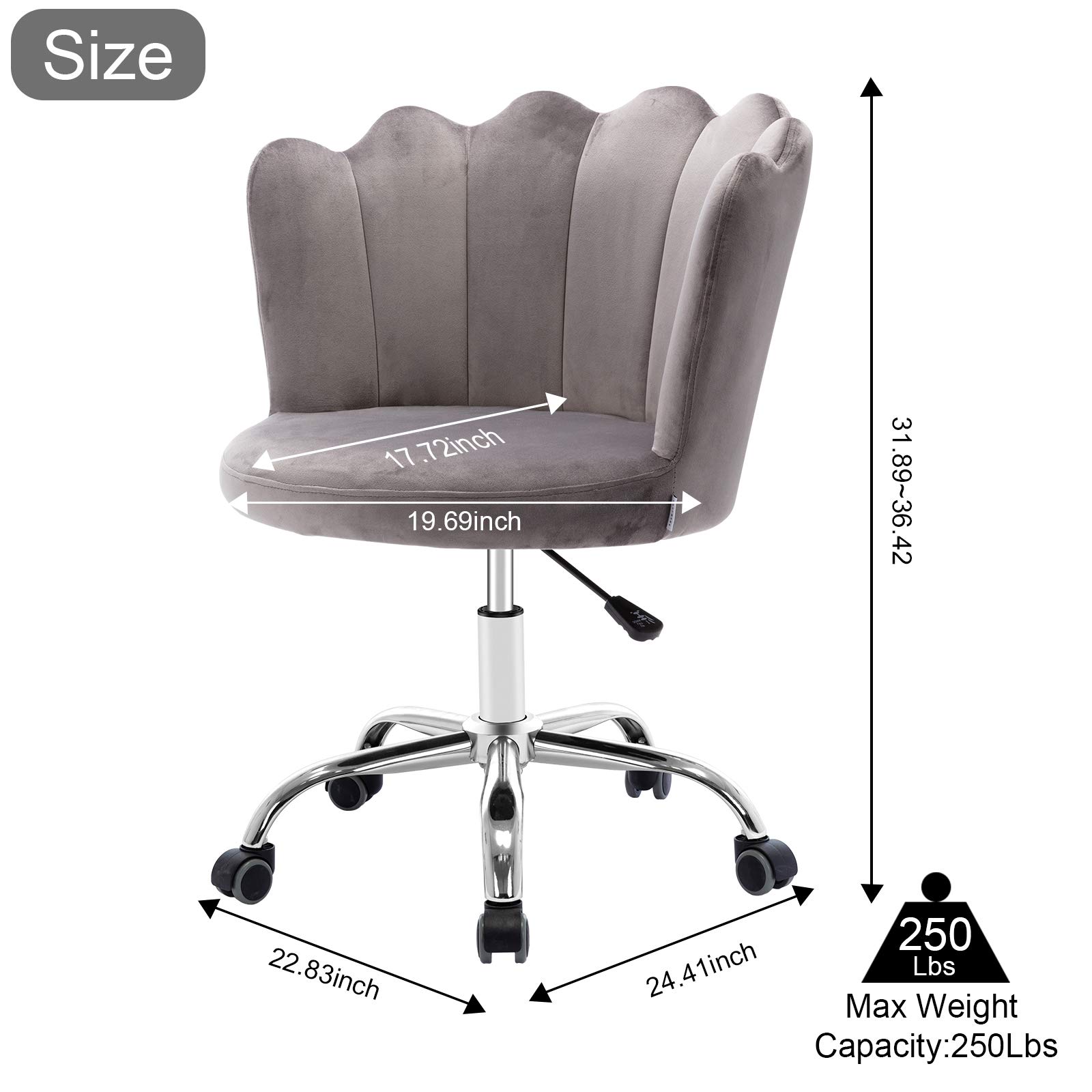 Velvet Desk Chair with Wheels - Modern Swivel Height Adjustable Office Chair, Upholstered Task Chair for Home Office, Living Room, Study & Vanity (Gray) - Perfect for Work, Gaming & Relaxation