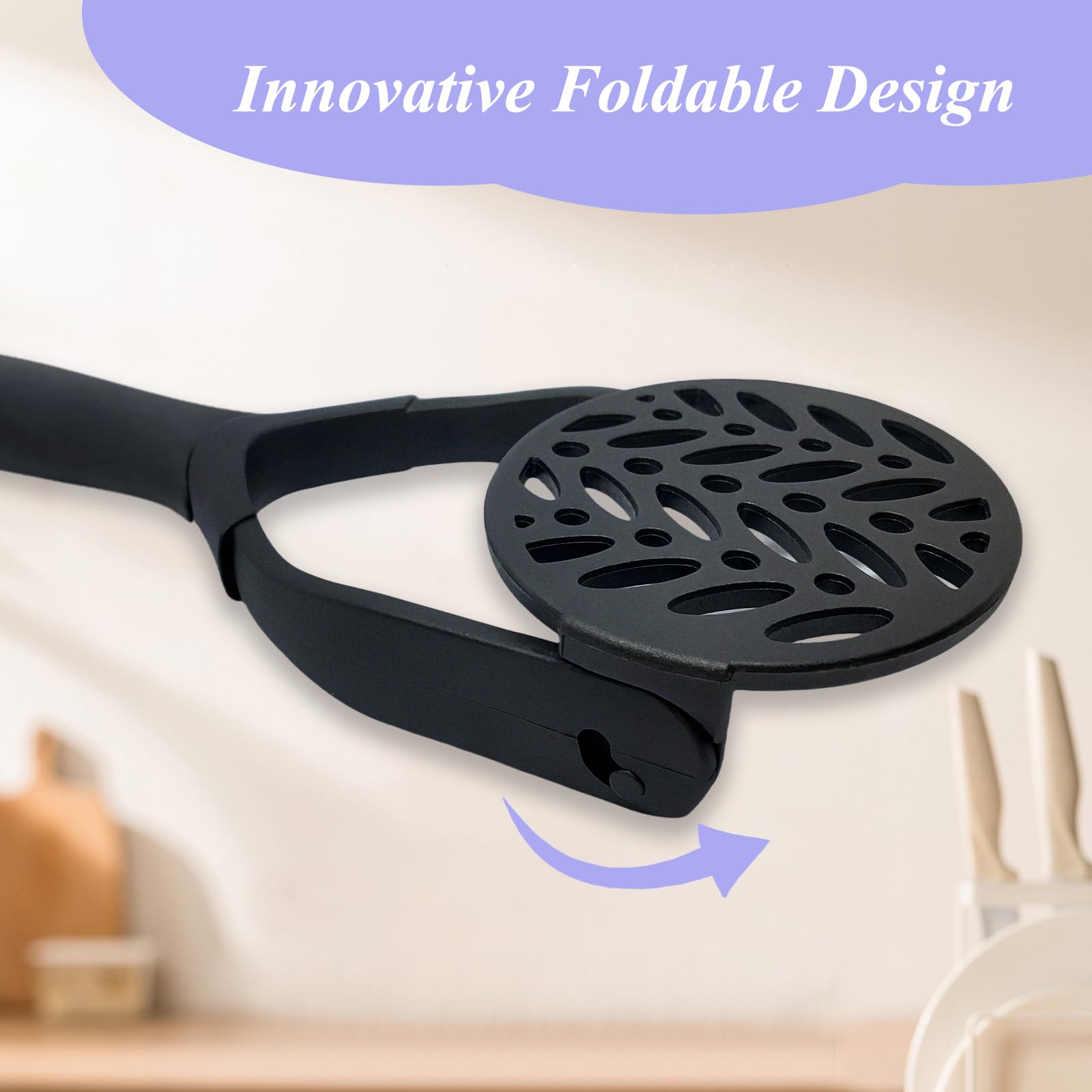 Foldable Nylon Potato Masher - Non-Stick & Non-Scratch Kitchen Tool for Mashing Potatoes, Beans, Vegetables & Fruits | Perfect for Avocados, Baby Food & Smooth Purees | Dishwasher Safe & Ergonomic Design (Black)