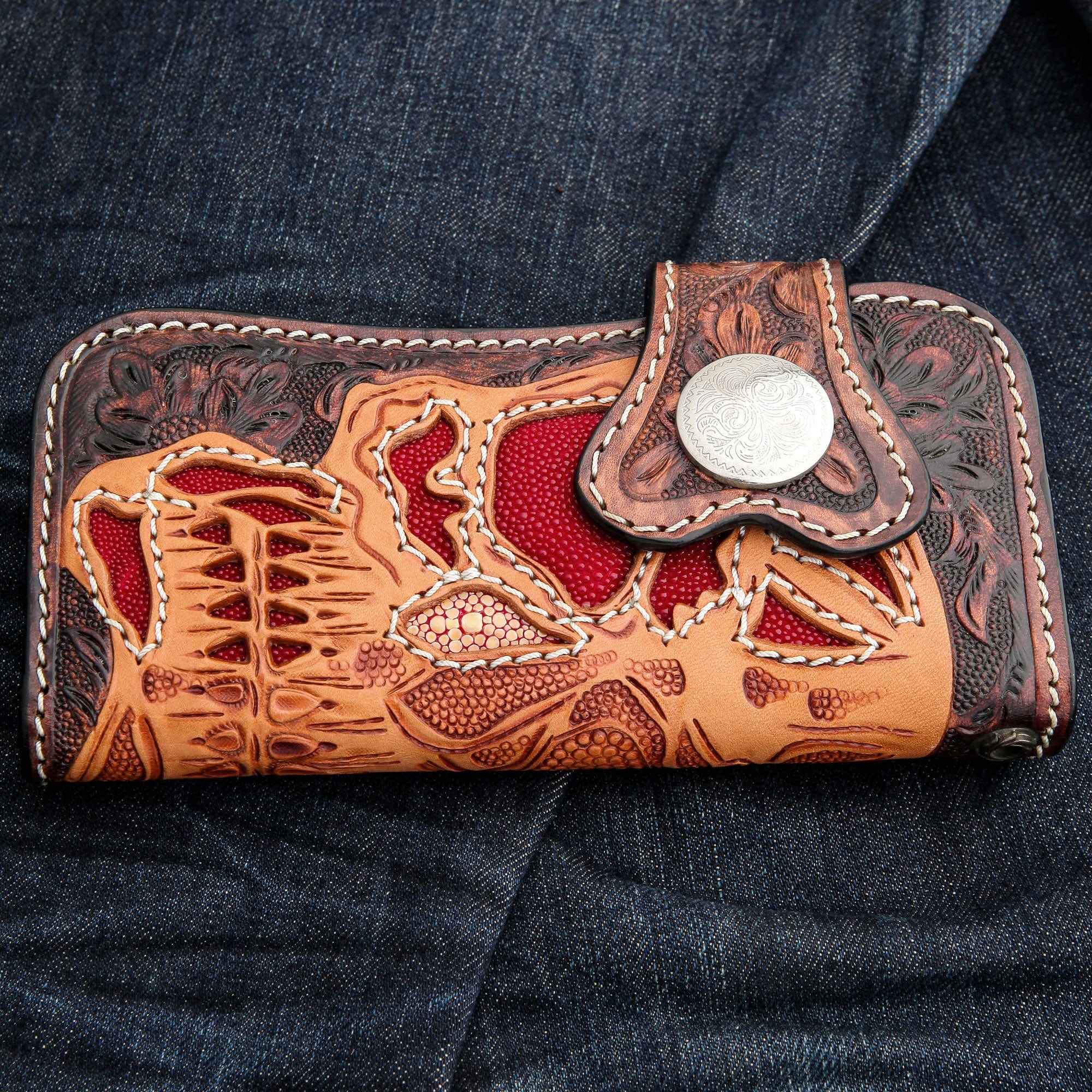 Handmade Genuine Red Stingray Leather Biker Wallet with Skull Design - Perfect for Motorcycle Riders & Gift for Men
