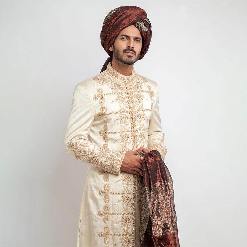 Elegant Ivory Raw Silk Sherwani for Men | Traditional Indian Wedding Attire | Perfect for Grooms & Formal Occasions