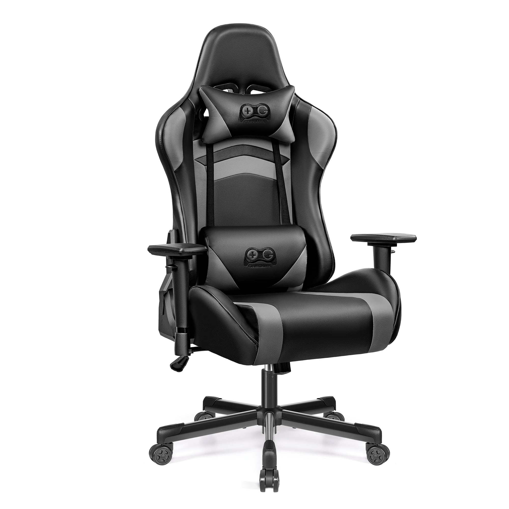 OneGame Black Gaming Chair for Adults - Ergonomic Computer Chair with Adjustable Height, Headrest & Lumbar Support - Racing Style Gamer Chair in Black/Gray - Perfect for PC Gaming, Office Work & Home Entertainment