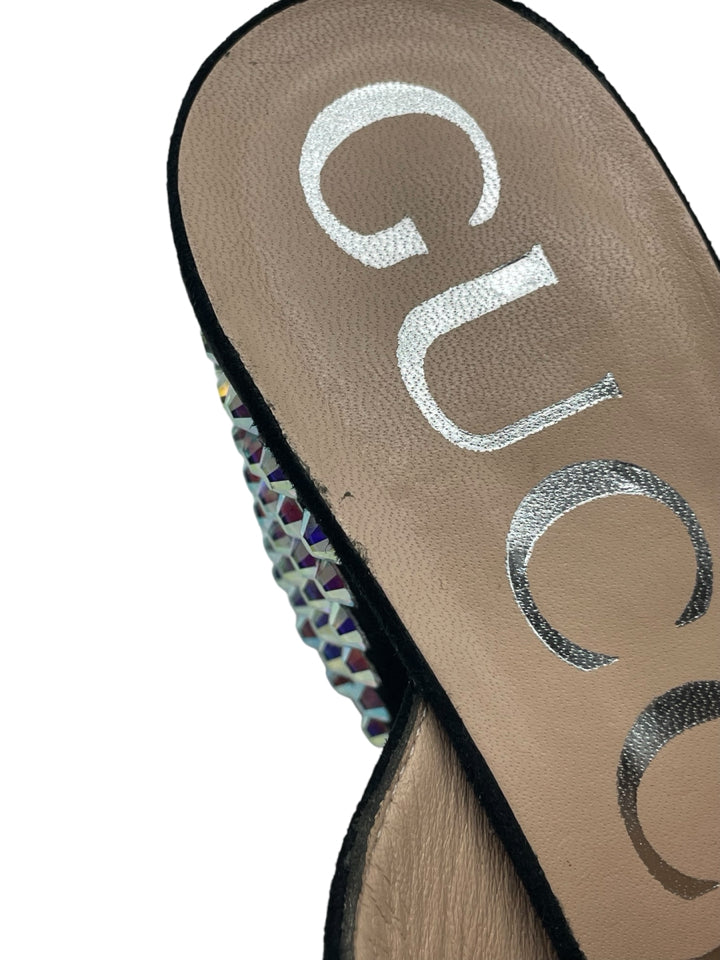 Gucci Embellished Suede Mules for Women - Size 37.5 (US 7.5) | Luxury Slip-On Loafers with Rhinestone Details - Perfect for Casual Outings, Office Wear & Special Occasions
