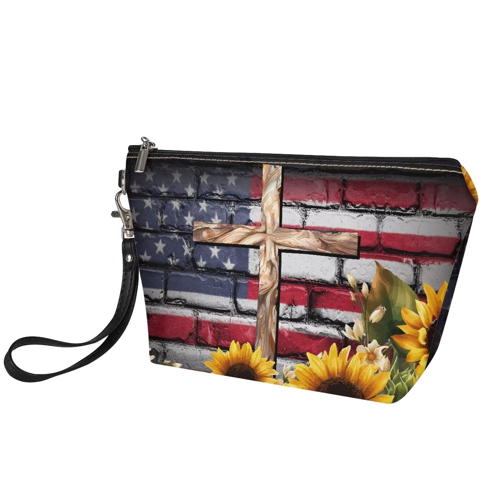 American Flag Makeup Bag for Women - Waterproof PU Leather Cosmetic Clutch Pouch | Portable Travel Organizer for Toiletries, Makeup & Essentials | Perfect for Travel, Gym & Daily Use