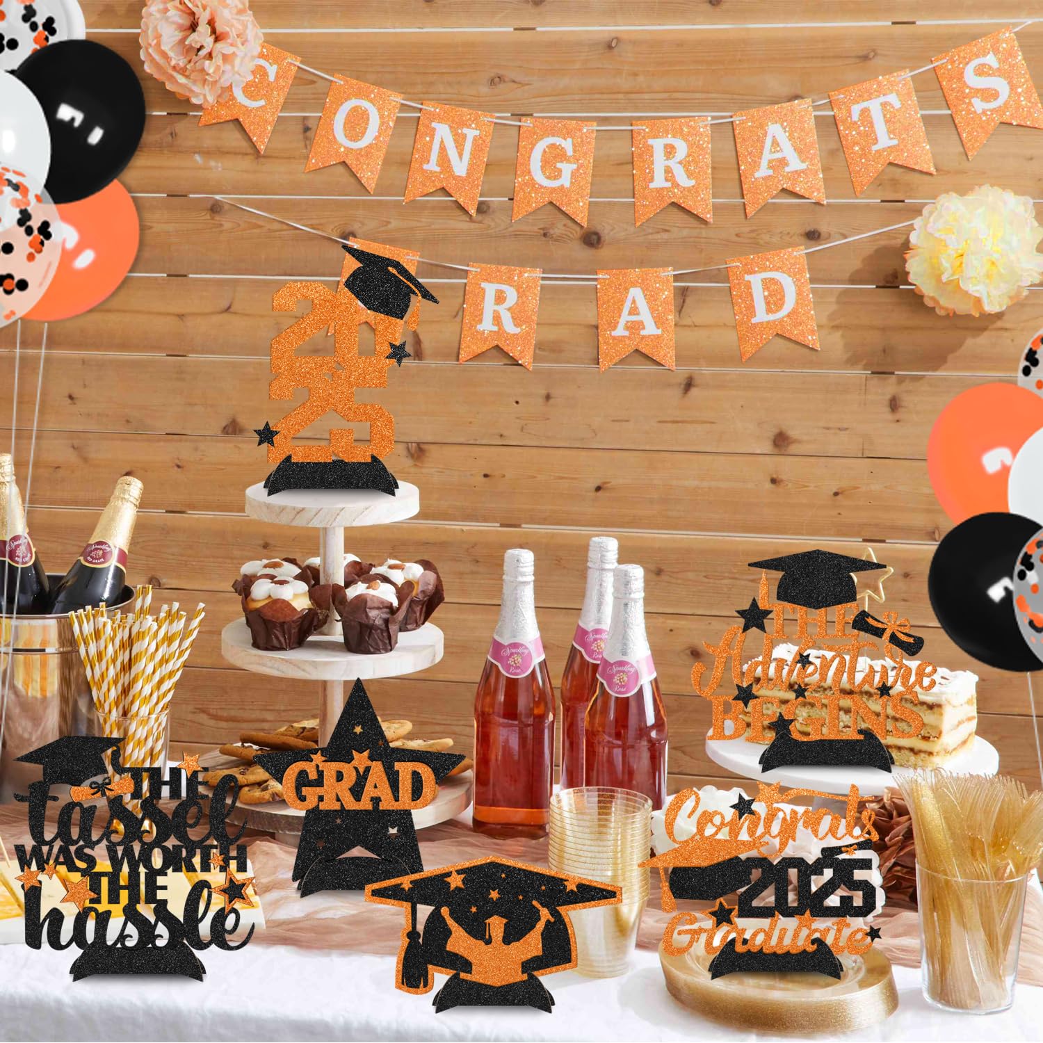 2025 Orange Graduation Glitter Centerpieces - Set of 6 | Graduation Table Decorations & Photo Booth Props | Perfect for Graduation Parties, School Celebrations & Commencement Ceremonies