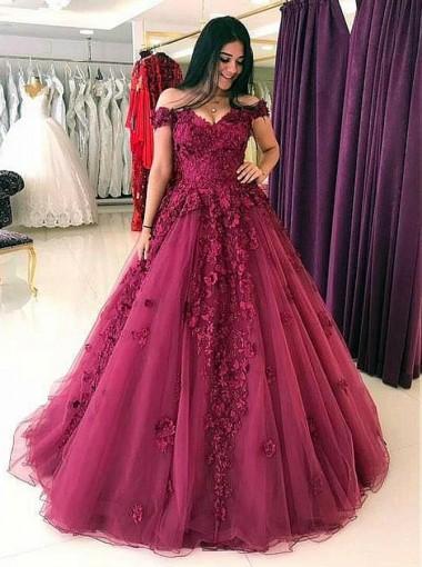 Elegant Off Shoulder Maroon Lace A-Line Long Evening Prom Dress 17613 - Perfect for Prom Night, Homecoming, and Formal Events