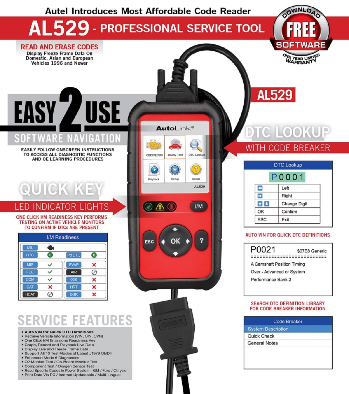 Autel AL529 Autolink Pro OBD2 Scanner - Professional Car Diagnostic Tool for Engine & Transmission - 1 Pack - Perfect for Mechanics & DIY Auto Repair