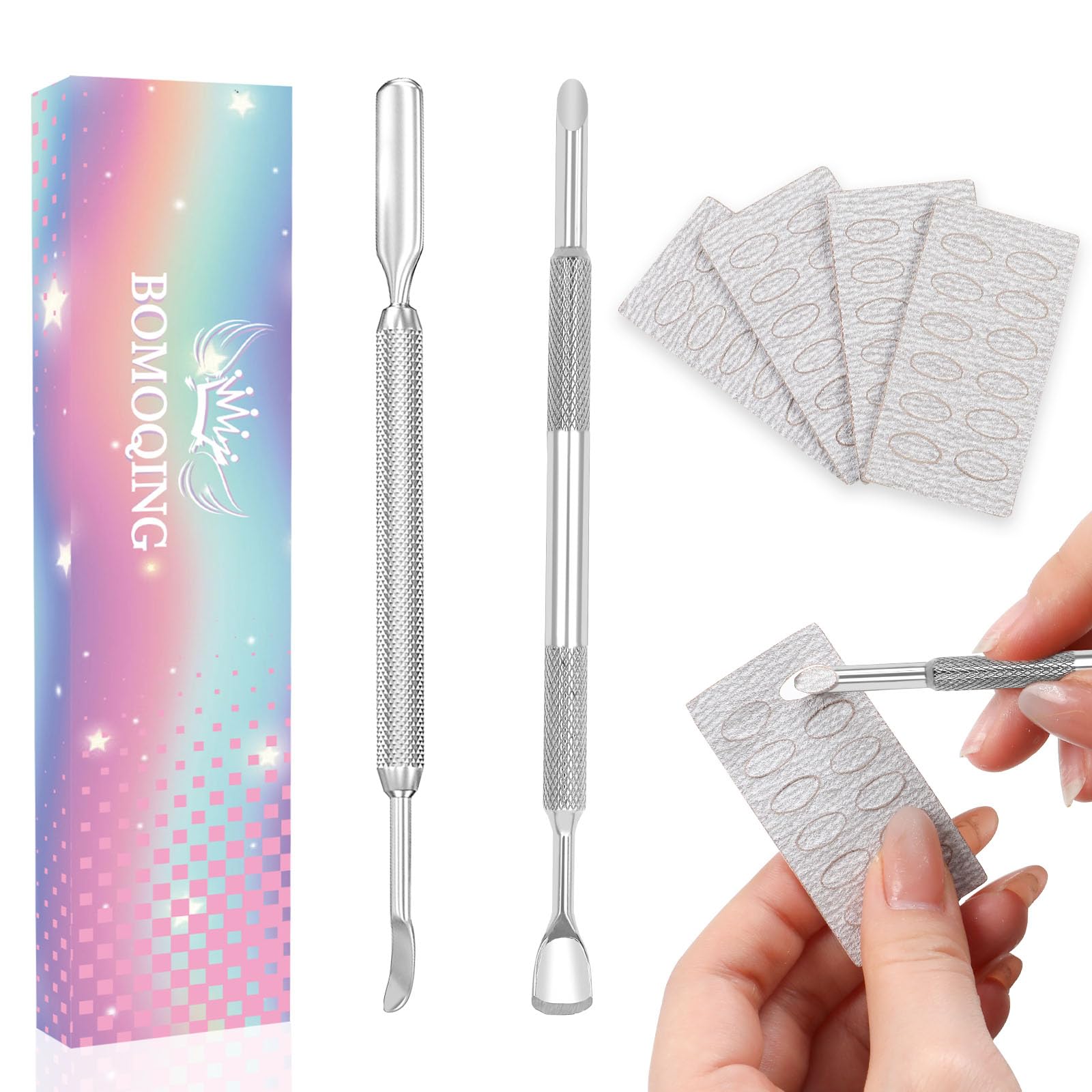 2PCS Cuticle Pusher & 60 Nail Sanding Buffers - Professional Nail Care Kit with Cuticle Tool, Nail Cleaner, Toenail Scraper & Replaceable Sandpaper - Perfect for Manicure, Pedicure & At-Home Nail Care