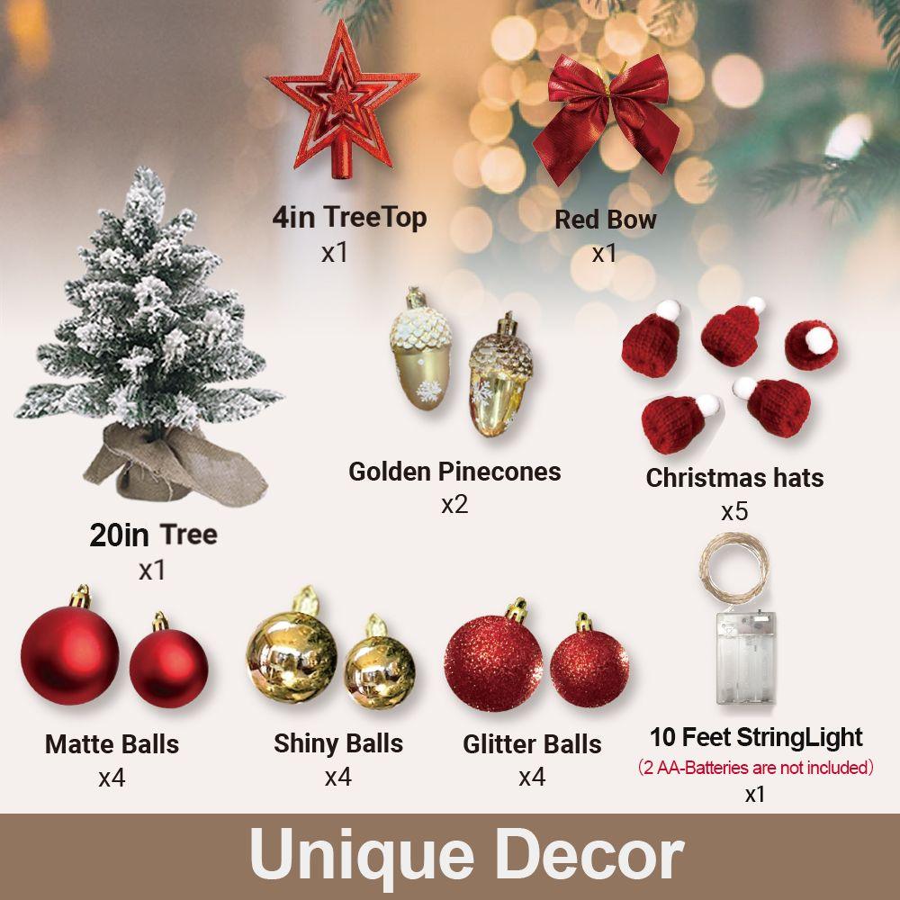 22in Flocked Snow Artificial Christmas Tree with LED Lights - Mini Red Tabletop Xmas Decor for Home, Office, Party & Holiday Decoration
