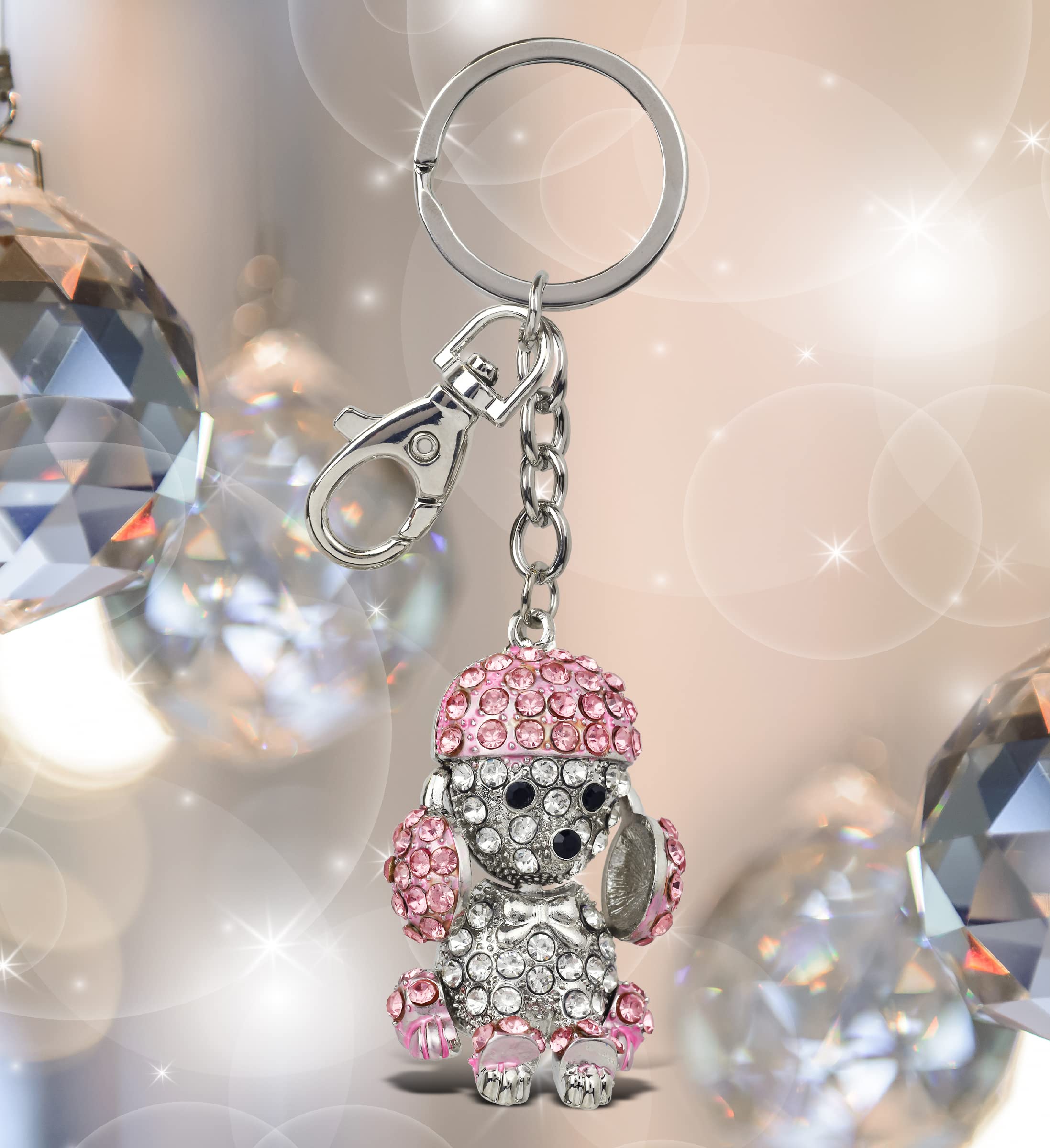 Sparkling 3D Pink Poodle Dog Keychain - Elegant Silver Rhinestone Charm Key Ring with Secure Clasp | Fashion Jewelry Accessory for Women | Perfect for Keychains, Bags, Gift Giving & Party Favors