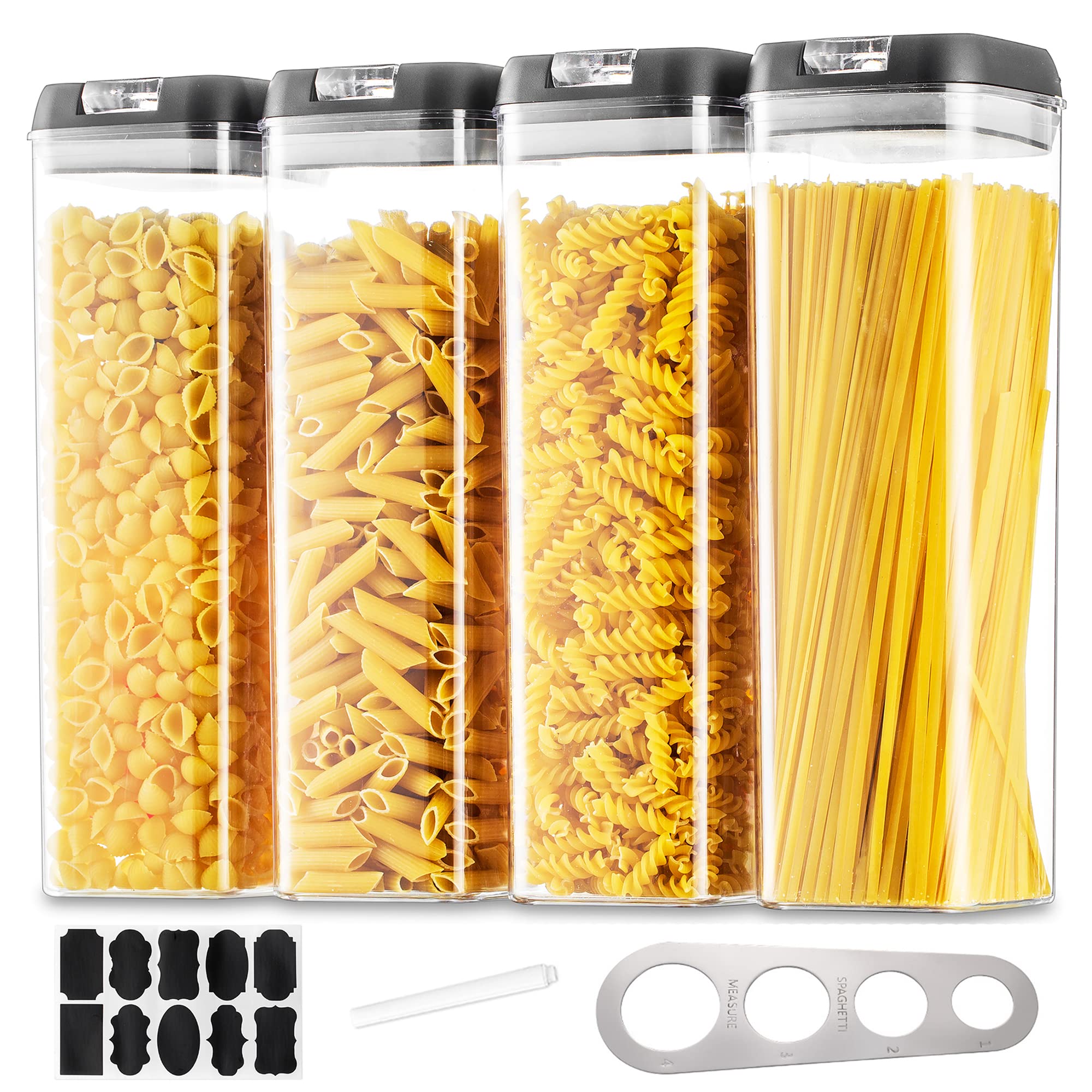 Hanobe 4-Piece Black Pasta Storage Containers Set - Large BPA-Free Plastic Canisters for Spaghetti, Noodles & Dry Food | Airtight Locking Lids for Pantry, Kitchen & Fridge Organization | Includes Labels & Marker for Easy Identification | Perfect for Meal Prep & Bulk Food Storage
