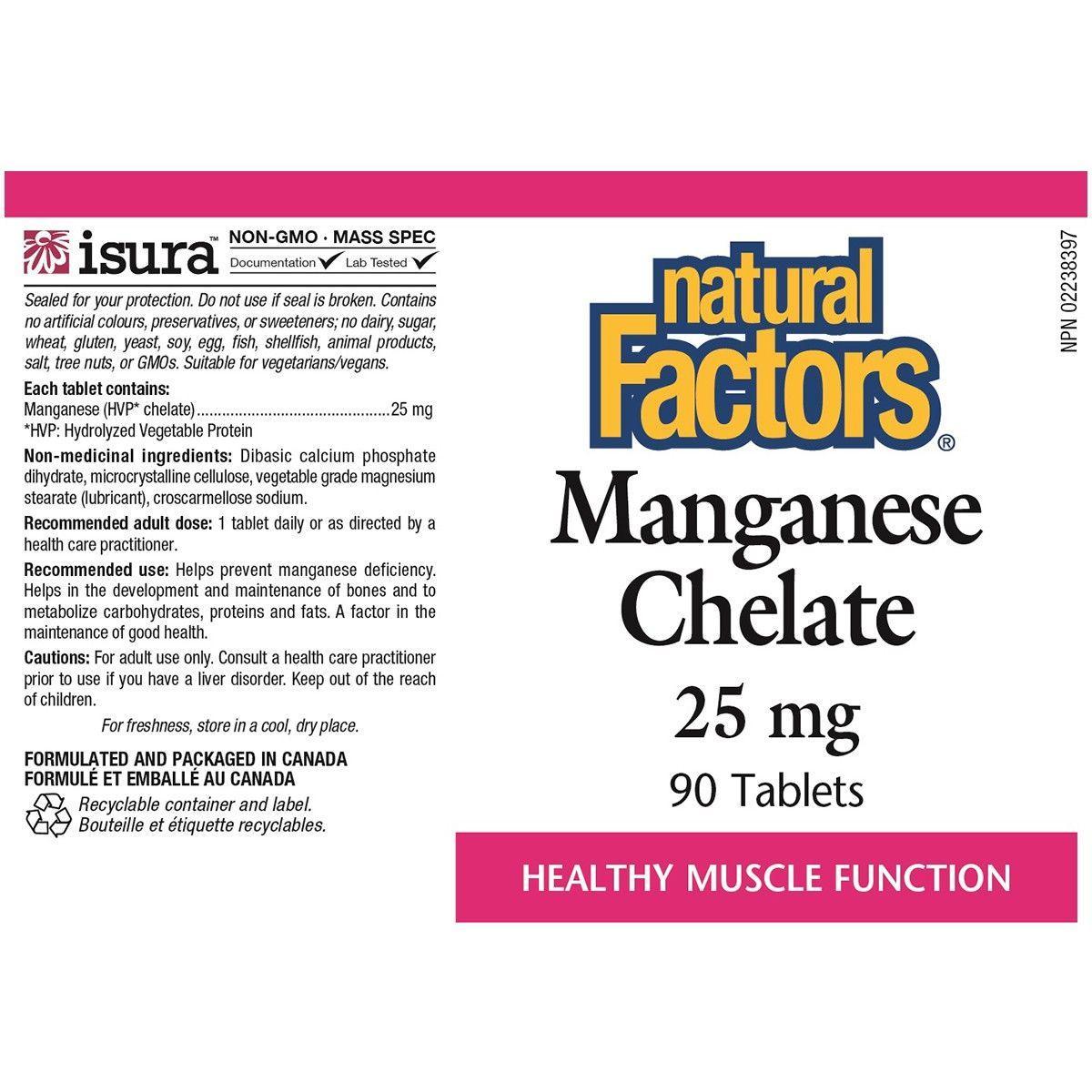 Natural Factors Manganese Chelate 25mg - 90 Caplets for Bone Health & Joint Support - Essential Mineral Supplement for Adults - Daily Nutrition & Wellness Support