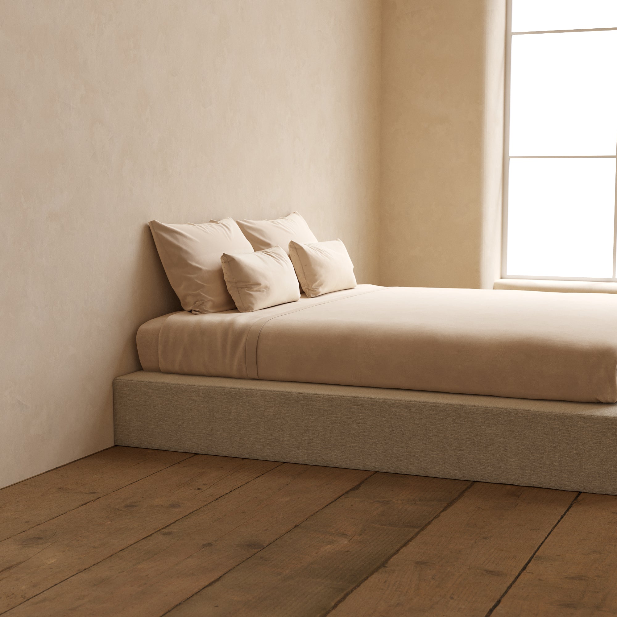 King Upholstered Platform Bed Frame with Blended Weave Fabric in Oat - Modern Bedroom Furniture for Master & Guest Rooms
