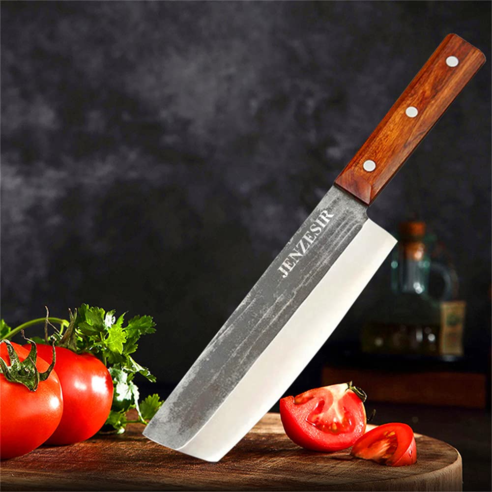 Handmade Forged Nakiri Knife - Ultra Sharp 7 Inch Japanese Chef Knife | 8Cr13MoV Steel Professional Kitchen Cleaver | Multipurpose Gyuto Knife for Home & Restaurant Use | Perfect for Chopping Vegetables, Slicing Meat & Food Prep