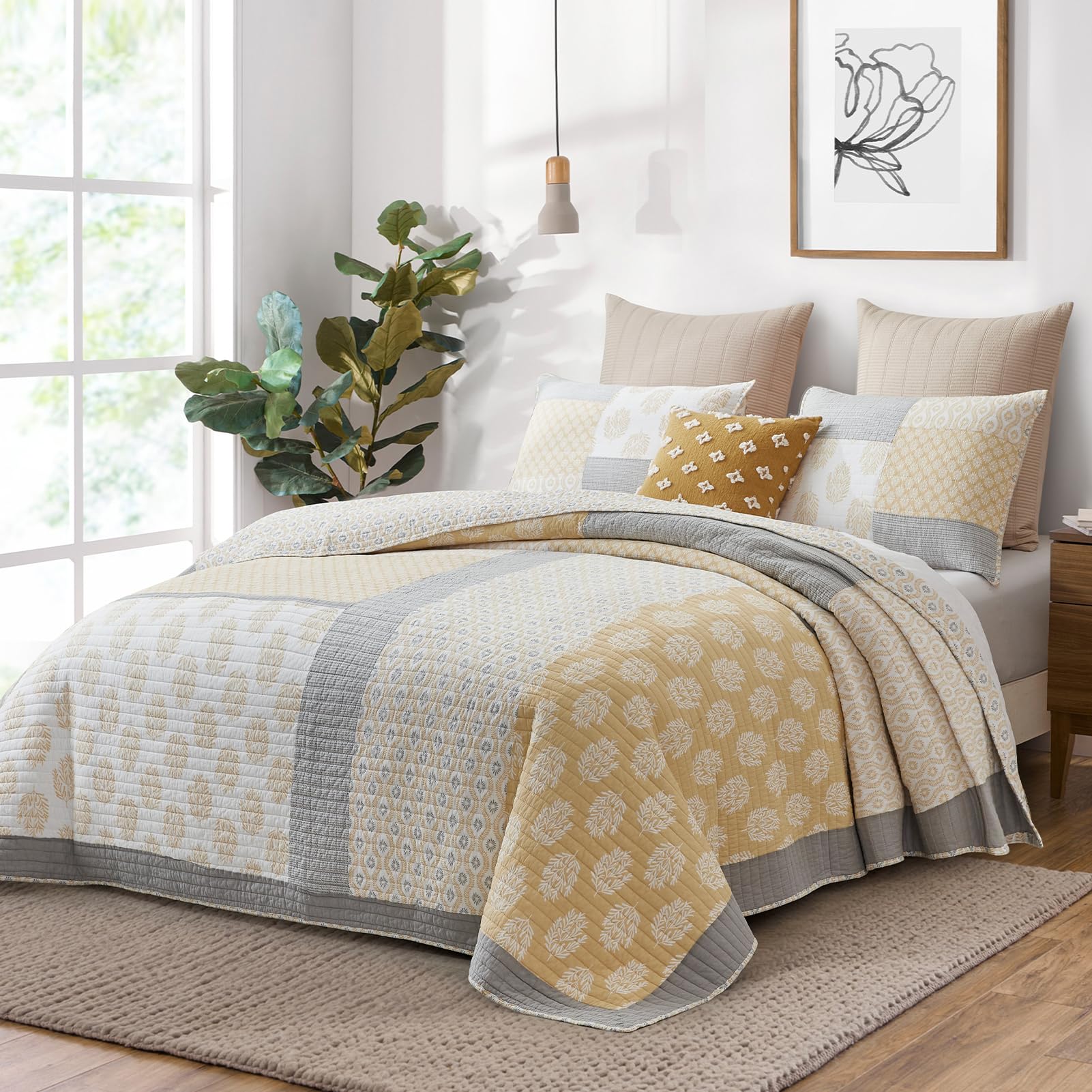 Y-PLWOMEN 100% Cotton 3-Piece Floral Quilt Set Queen Size - Farmhouse Lightweight Bedding for All Seasons in Yellow, White & Grey | Perfect for Guest Rooms, Master Bedrooms & Cozy Farmhouse Decor