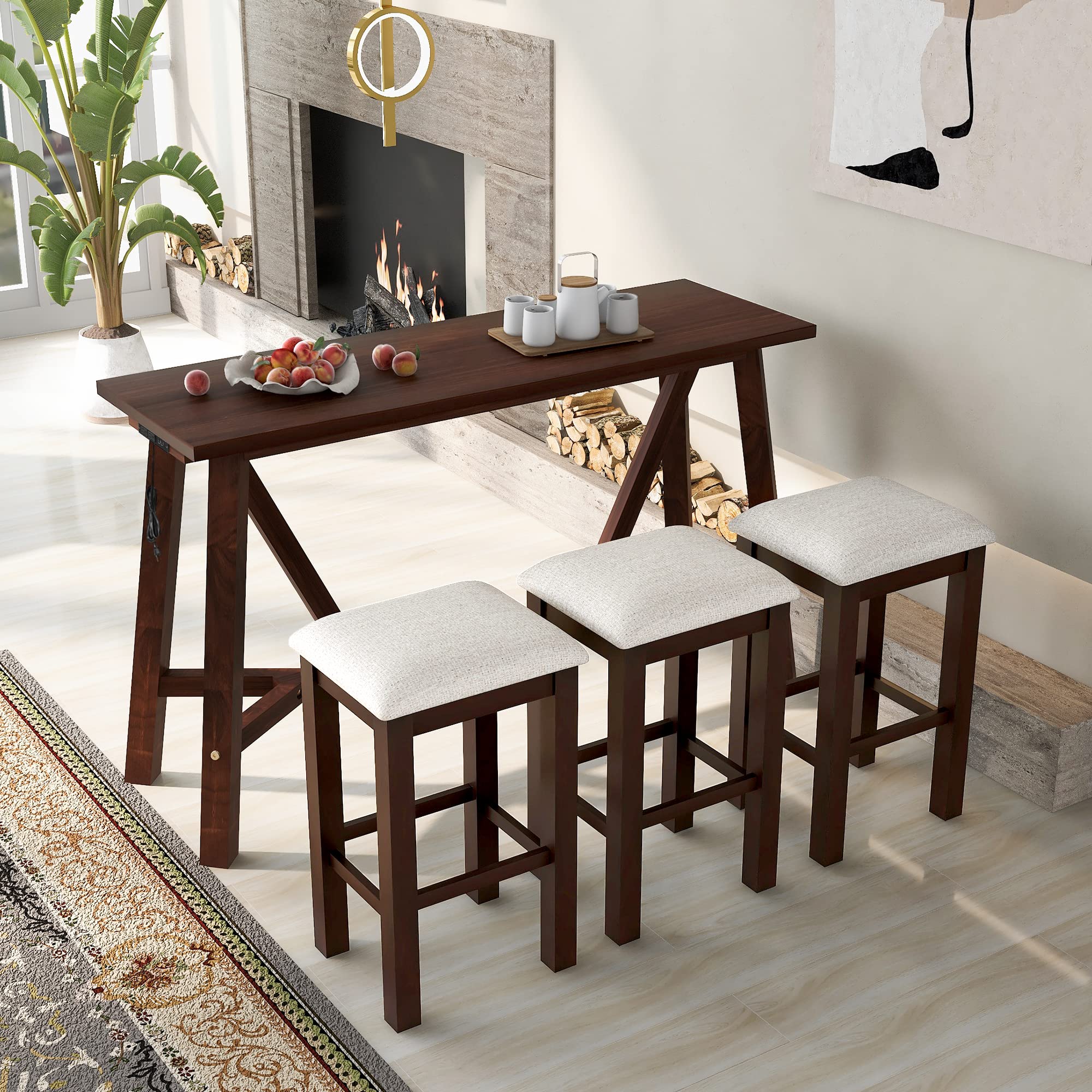 LZ LEISURE ZONE 4-Piece Dining Table Set for 3 with Upholstered Stools - Dark Walnut & Beige Kitchen Bar Table Set for Small Spaces, Breakfast Nook, Apartment Dining | Perfect for Compact Homes, Studio Apartments and Cozy Kitchenettes