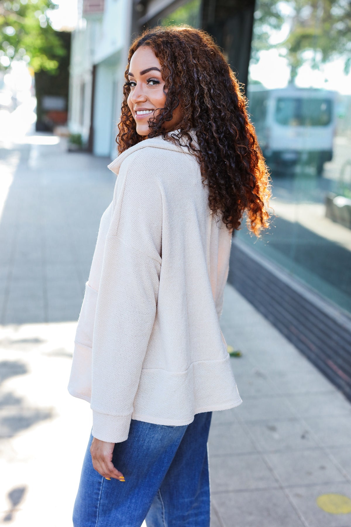 Easy Living Oatmeal Textured Knit Notch Neck Oversized Collar Sweater - Cozy Oversized Women's Knitwear for Fall & Winter | Perfect for Casual Outfits, Coffee Dates and Weekend Relaxation