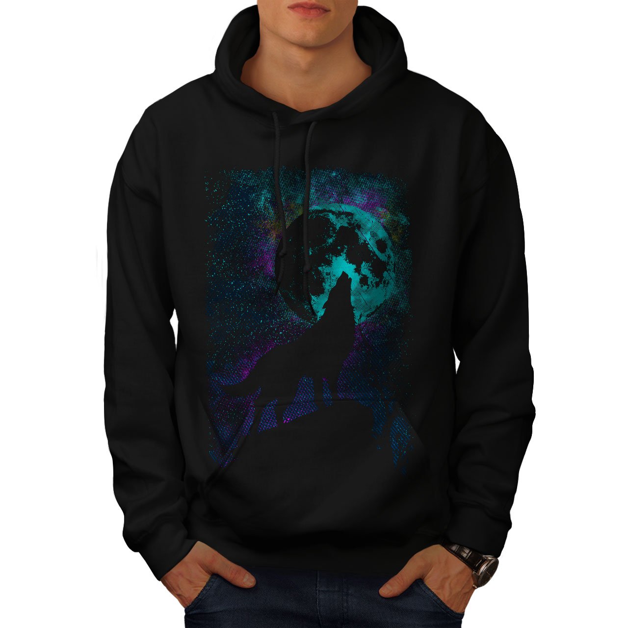 Wellcoda Howling Wolf Pack Men's Hoodie - Wild Animal Print Hooded Sweatshirt for Outdoor Adventure & Streetwear Fashion