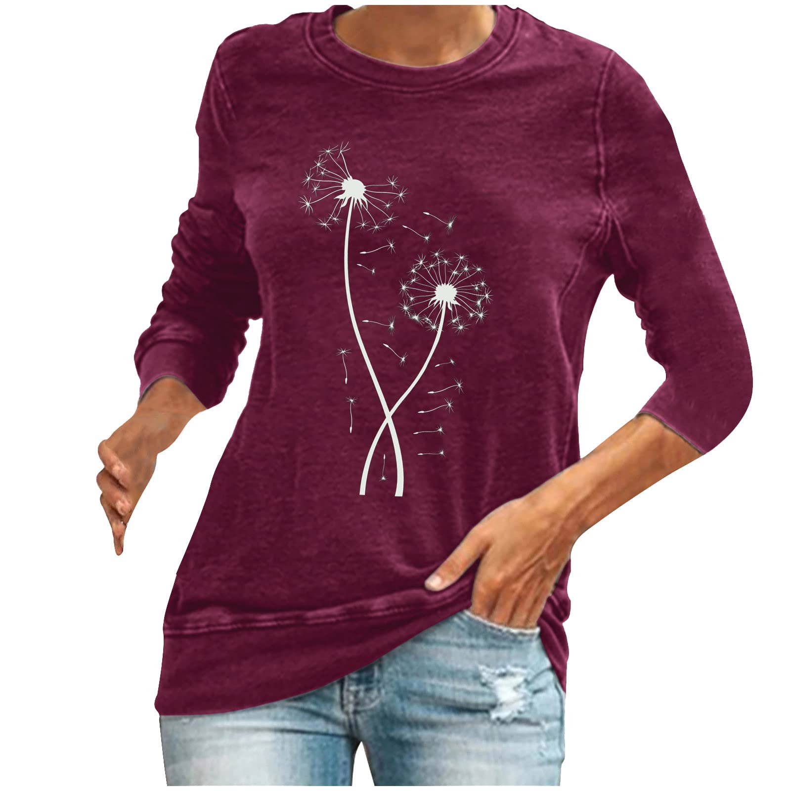 Women's Long Sleeve Graphic Tee - Cute Dandelion Print Casual Round Neck Sweatshirt | Comfy Workout & Daily Wear Tops for Yoga, Running, and Lounge