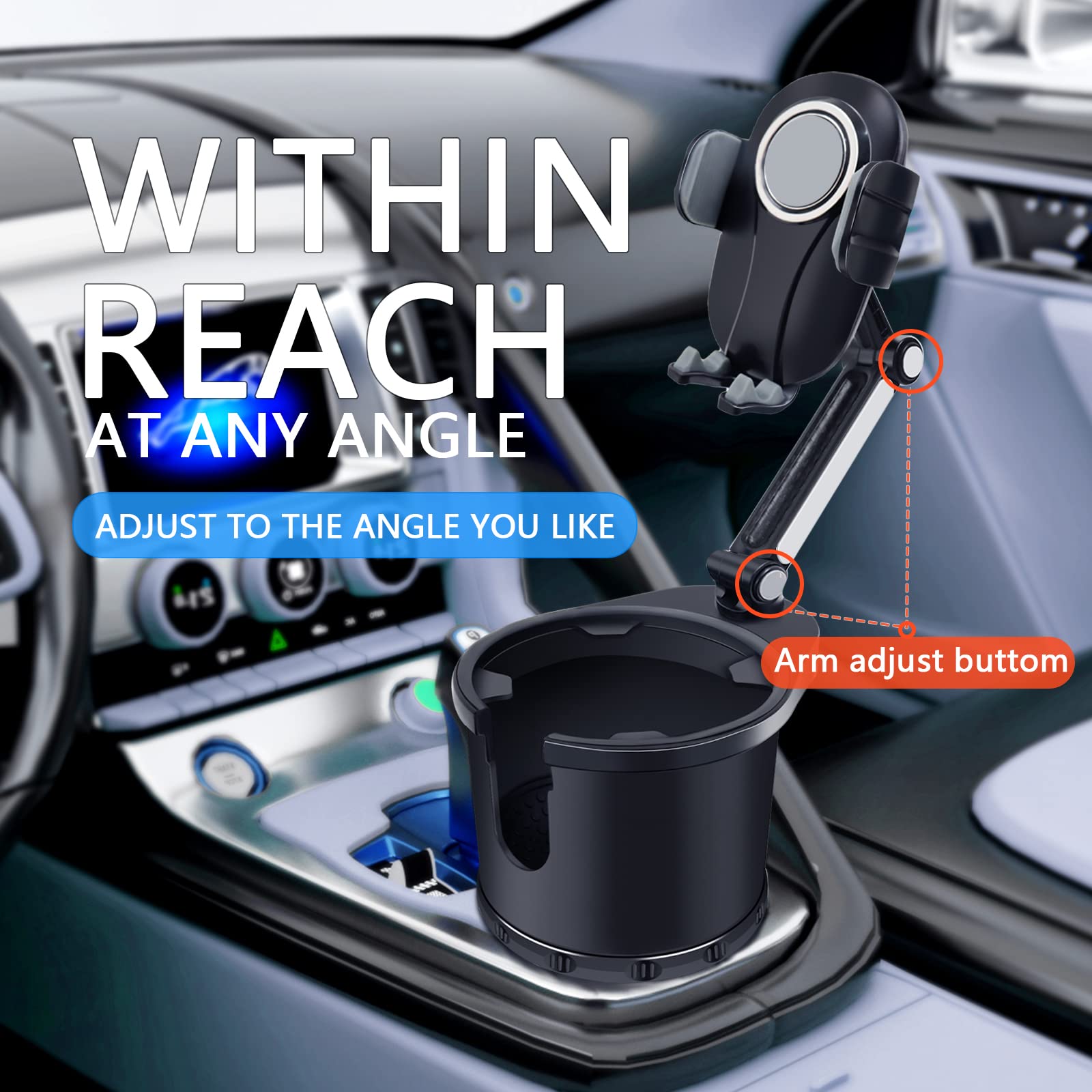 Upgraded 2-in-1 360° Rotating Universal Car Cup Holder Phone Mount - Adjustable Long Neck Base Compatible with All 4-7 Inch Smartphones (Black) | Perfect for Hands-Free Navigation, Road Trips & Daily Commuting