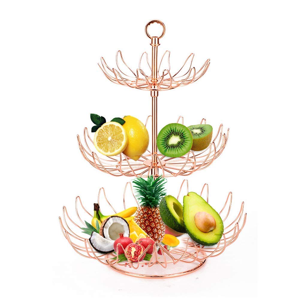3-Tier Metal Countertop Storage Basket - Modern Rose Gold Fruit & Dish Organizer with Detachable Design - Perfect for Kitchen, Dining Table, and Home Decor