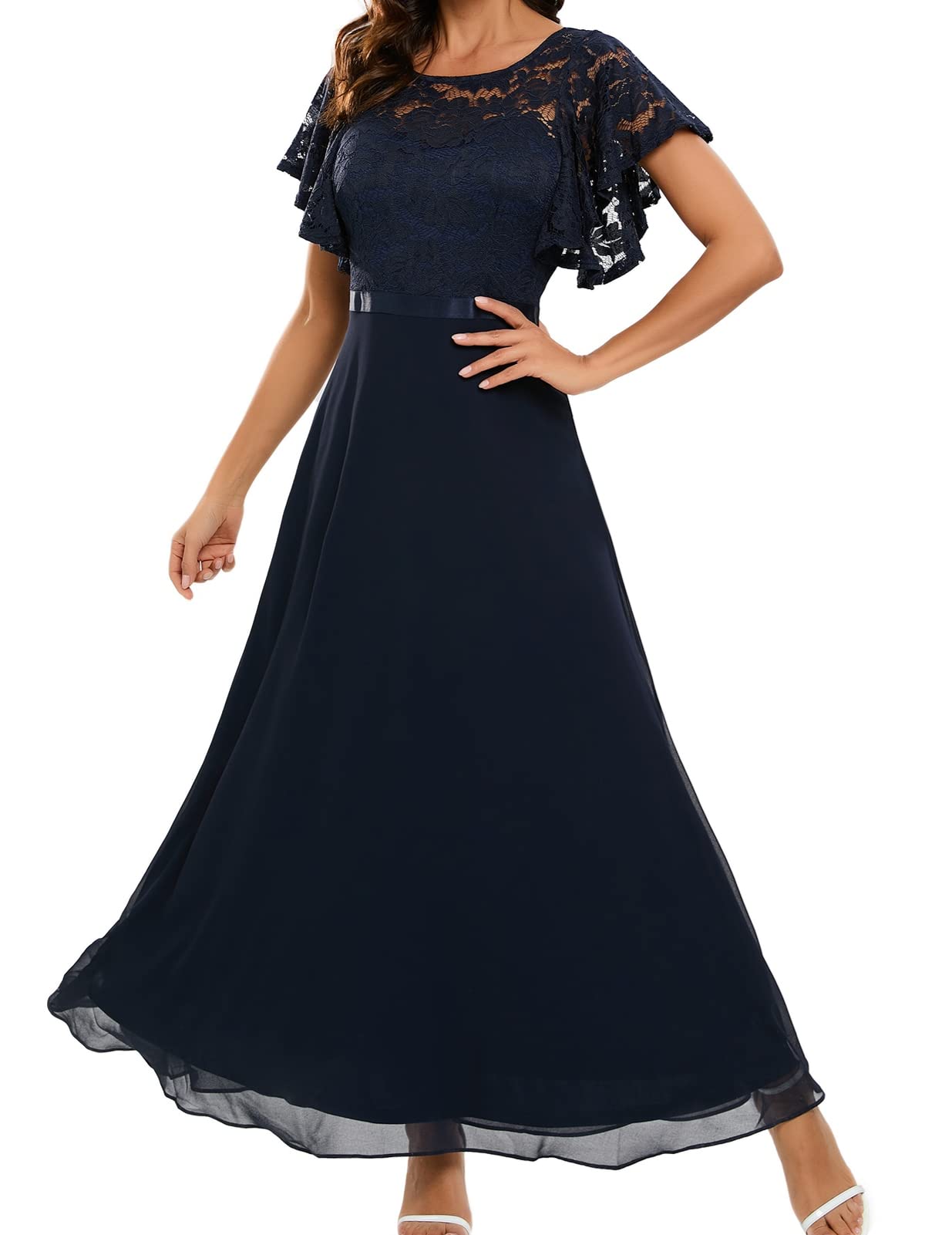 DRESSTELLS Elegant Lace Wedding Guest Dress - V-Back Empire Waist Formal Gown for Bridesmaids, Prom & Evening Parties 2025 | Perfect for Weddings, Galas & Special Occasions