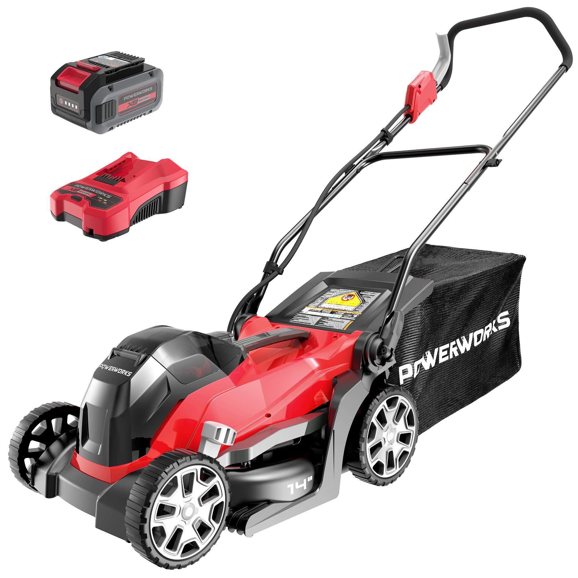 POWERWORKS XB 40V 14-Inch Cordless Push Lawn Mower with 4Ah Battery & Charger Included - Perfect for Small to Medium Yards, Quiet & Eco-Friendly (Model LMF334)