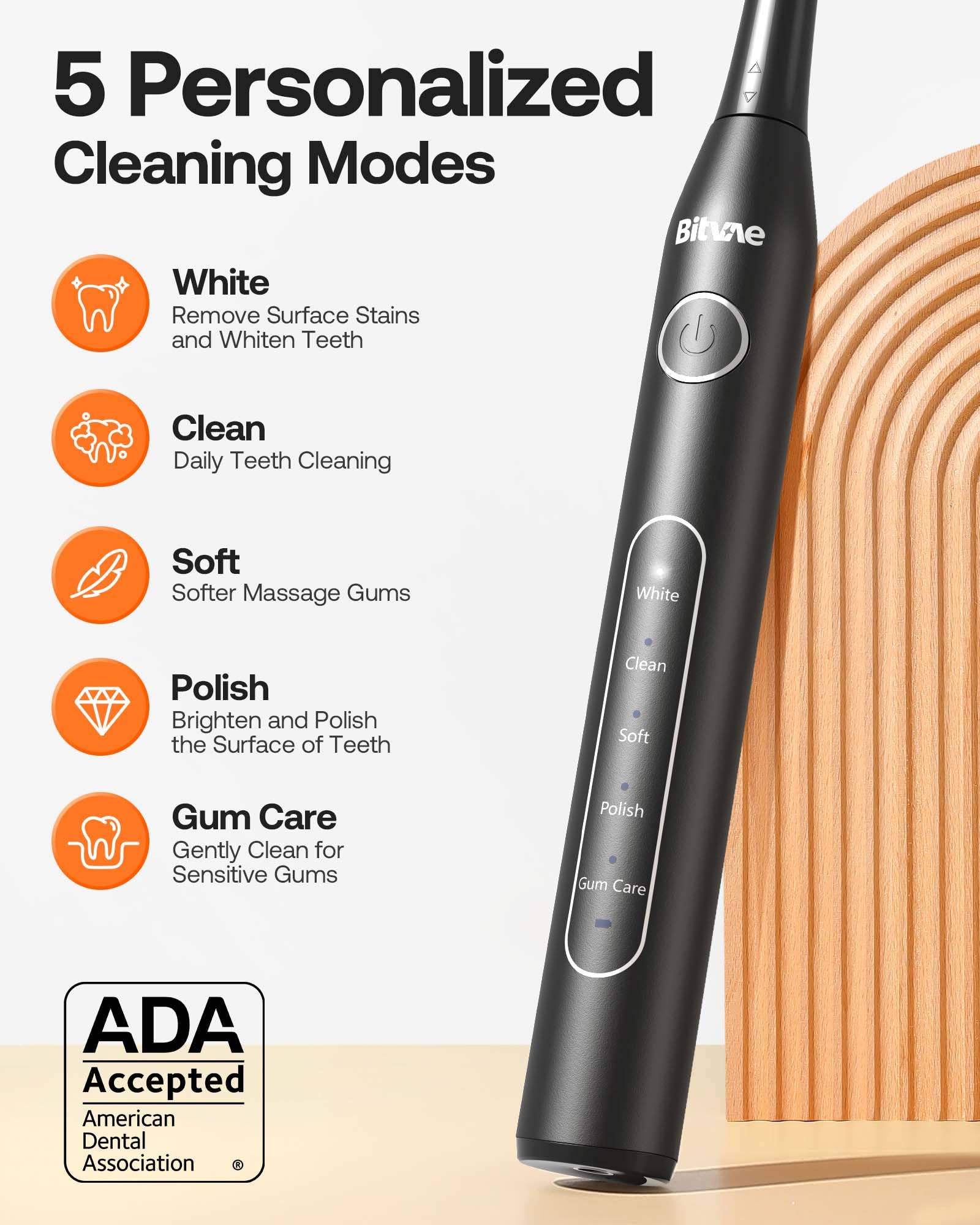Bitvae Electric Toothbrush for Adults - Rechargeable Ultrasonic Toothbrush with 8 Brush Heads, 5 Cleaning Modes & Smart Timer - ADA Accepted (Black D2) - Perfect for Travel, Home Use & Gifts