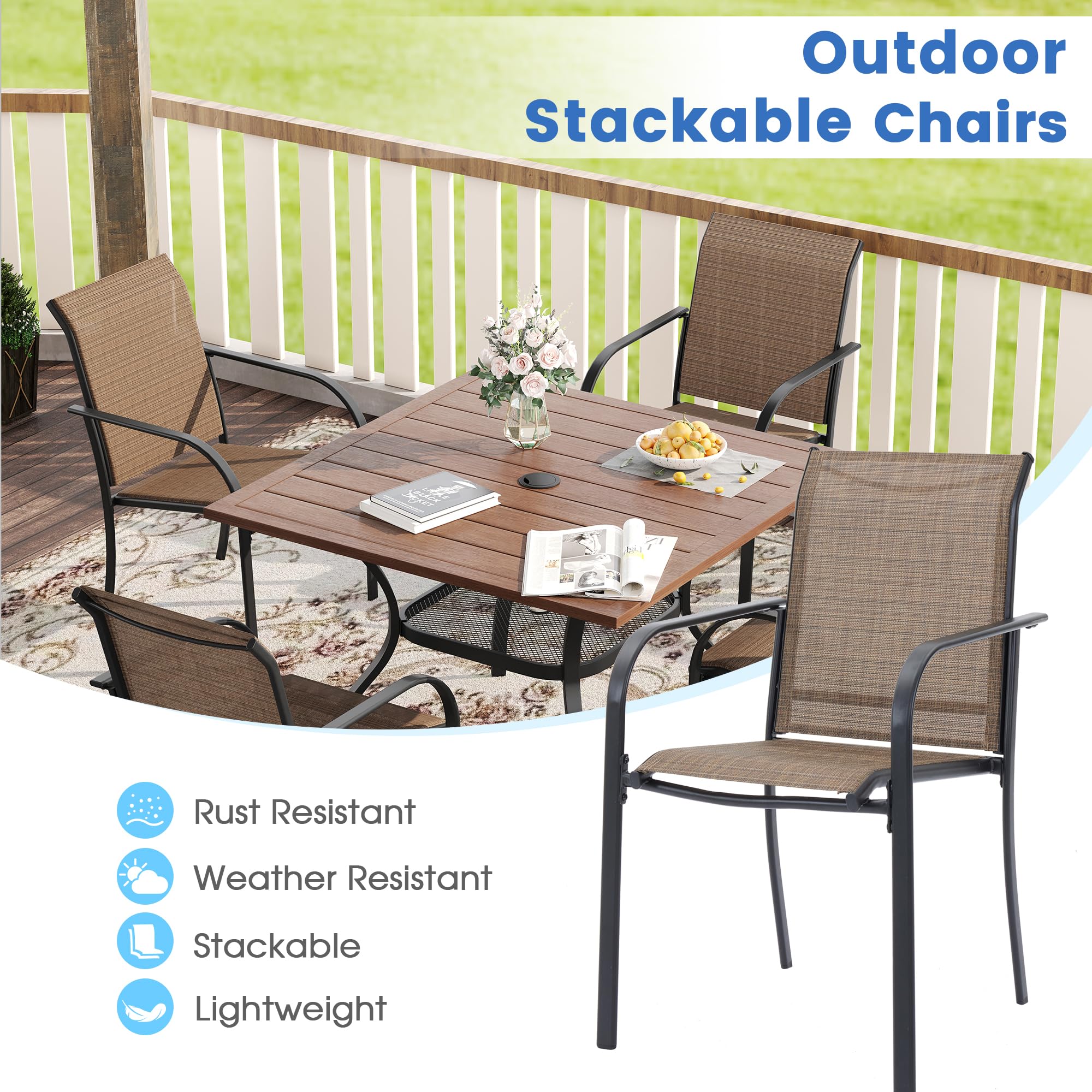 VICLLAX 4-Piece Stackable Patio Chairs Set for Outdoor, Brown - Durable Garden Furniture for Backyard, Poolside, Deck & Balcony Use