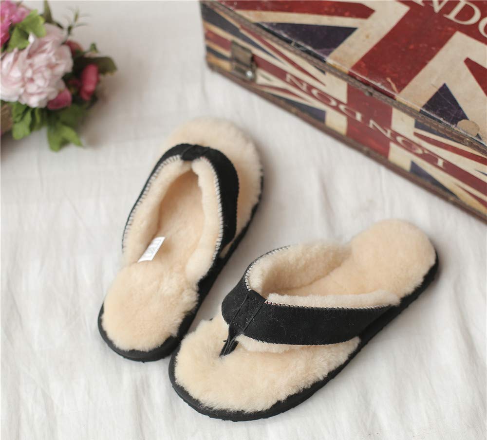 Genuine Sheepskin Fur Lined Flip Flops - Winter Warm Unisex Slides for Women & Men - Real Sheep Leather & Suede Thong Sandals - Cozy Indoor/Outdoor House Slippers for Winter Comfort