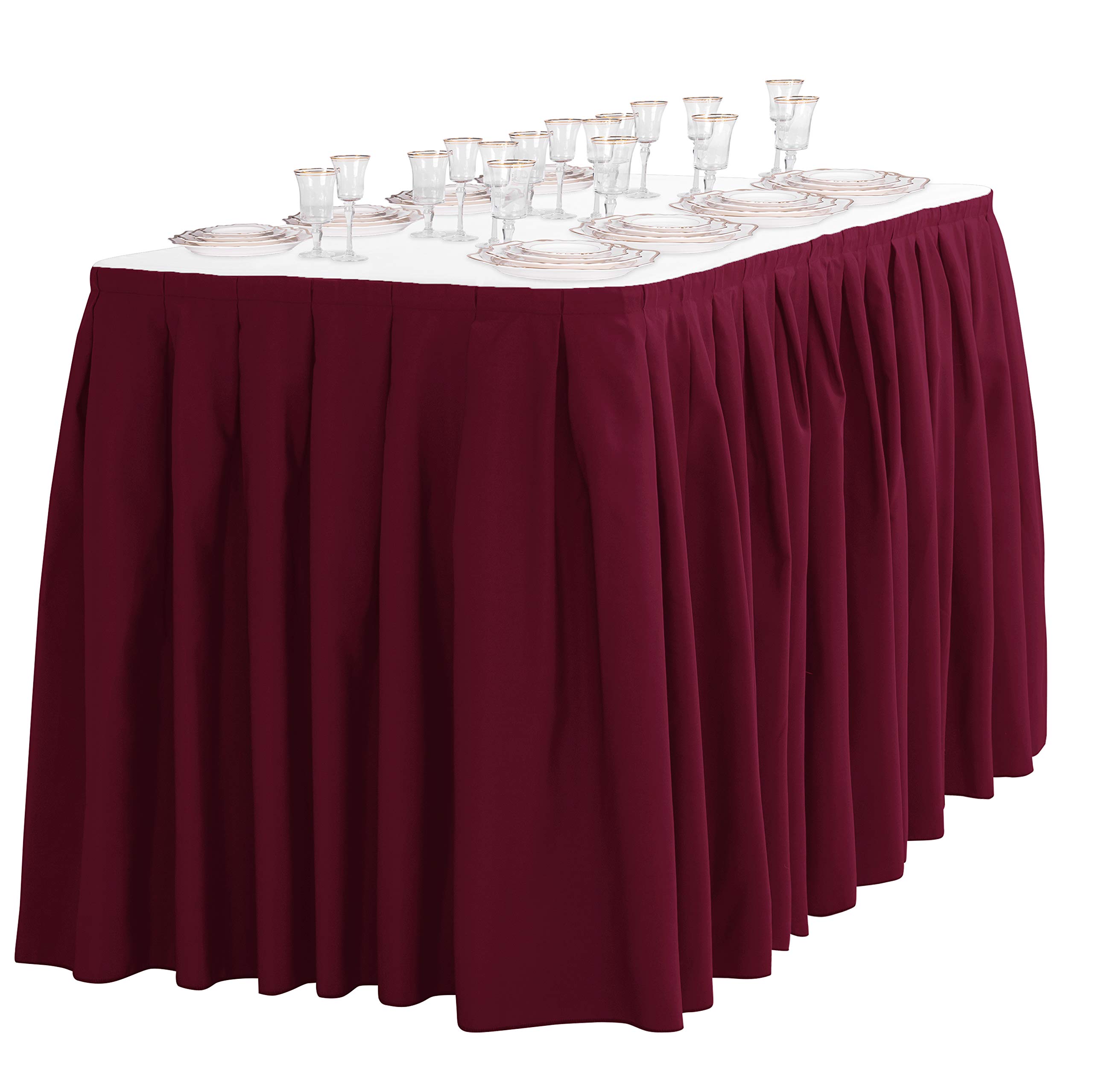 21 ft Burgundy Polyester Table Skirt for 8 ft Rectangle Table - Wrinkle Resistant Pleated Banquet Tablecloth - Perfect for Weddings, Parties, and Events