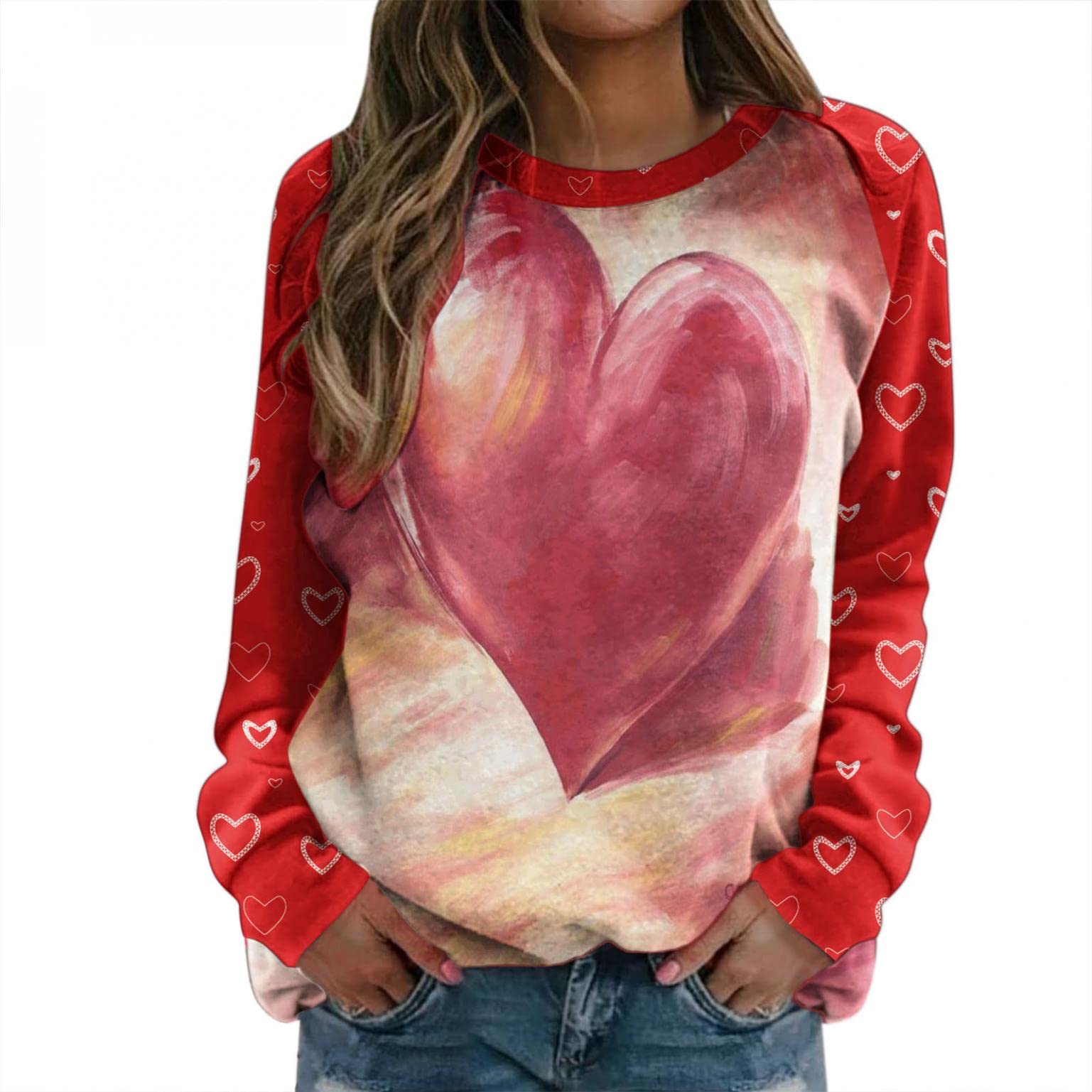 Valentine's Day Women's Long Sleeve Sweatshirt - Cute Heart Print Pullover Blouse, Casual O-Neck Tee Shirt for Dating, Gift Giving & Romantic Outfits