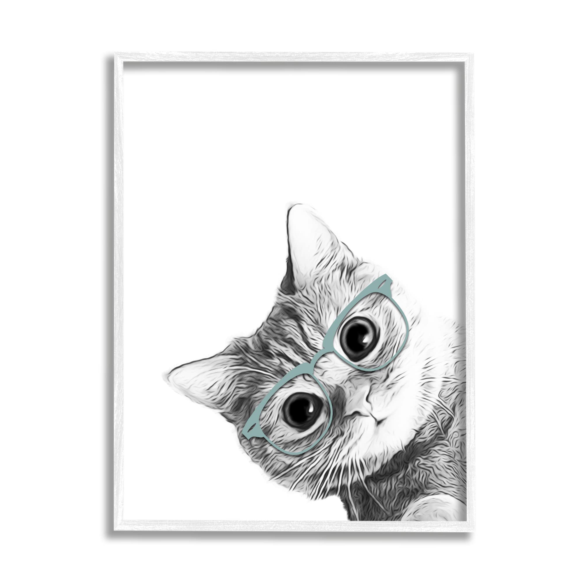 Stupell Industries Black and White Cat Portrait - Peeking Kitten with Glasses Art Print by Annalisa Latella - Perfect for Living Room, Bedroom or Office Wall Decor