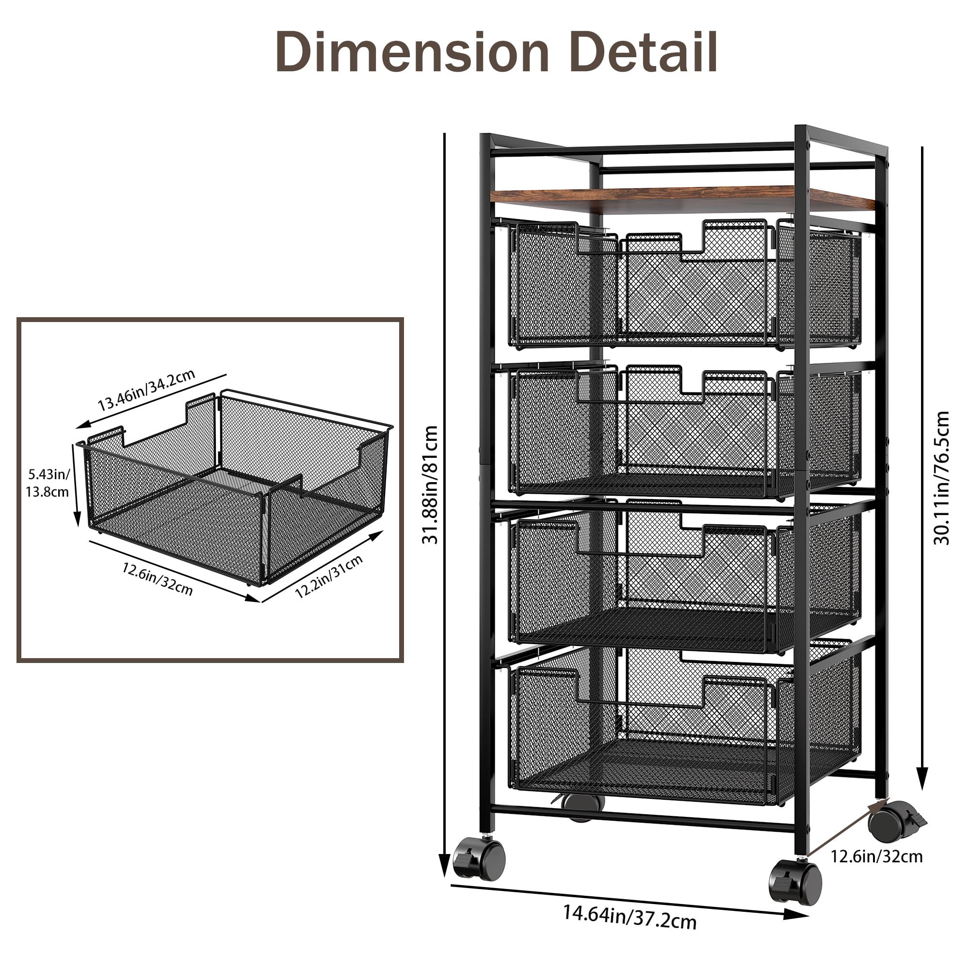 Mobile File Cart with 4 Drawers - Lockable Wheels for Office & Classroom Storage