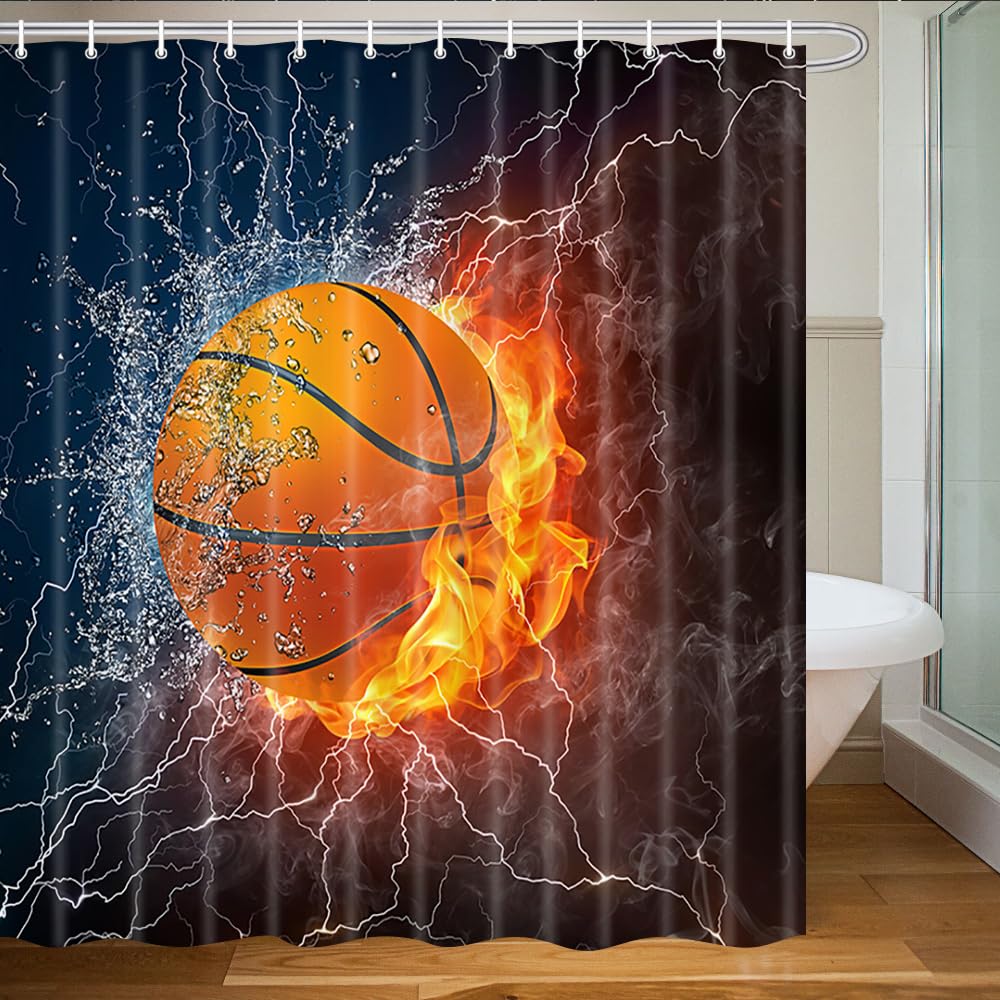 Basketball on Fire Sports Shower Curtain - 72x72 Inch Waterproof Polyester Bathroom Decor with 12 Hooks for Teen Boys & Men - Perfect for Basketball Fans' Bathroom, Dorm, or Locker Room