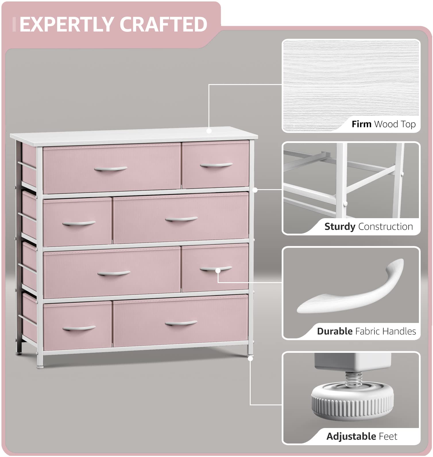 Sorbus 8-Drawer Dresser with Steel Frame & Wood Top - Kids Bedroom Storage Organizer for Clothes, Toys, Nursery & Playroom - Pink Fabric Bins for Home Organization & Space Saving