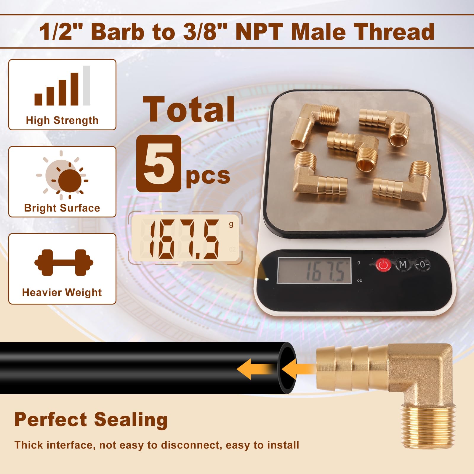 5PCS Brass Hose Barb Fittings - 90 Degree Elbow 1/2