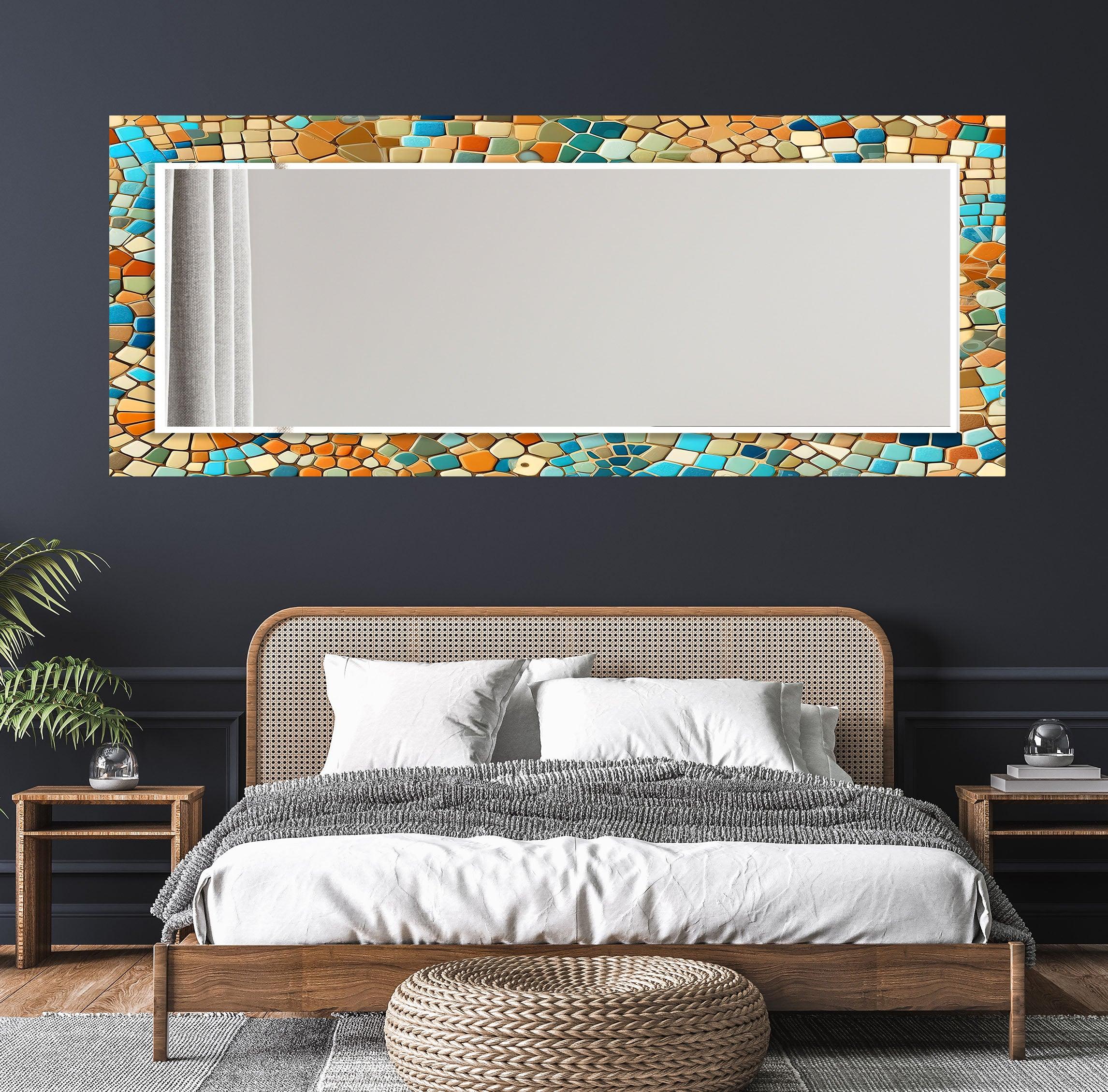 Beige and Blue Mosaic Wall Mirror - Handmade Decorative Bathroom Vanity Mirror - Perfect for Bedroom, Living Room & Entryway Décor